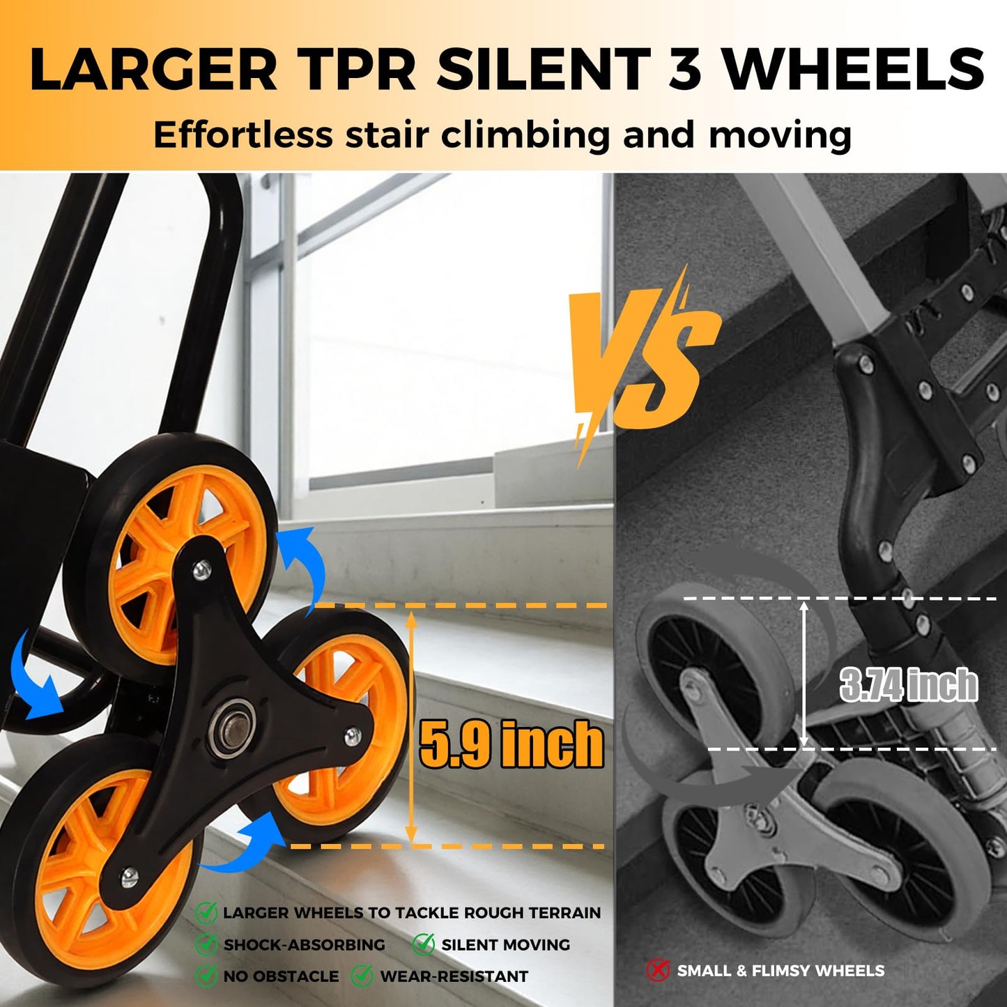 Stair Climbing Dolly - Heavy Duty Stairs Climber Hand Truck for Moving, 380LBS Capacity Folding Cart with 5.9" Triple Wheels, Adjustable Handle, Portable for Home Furniture Grocery Warehouse Office