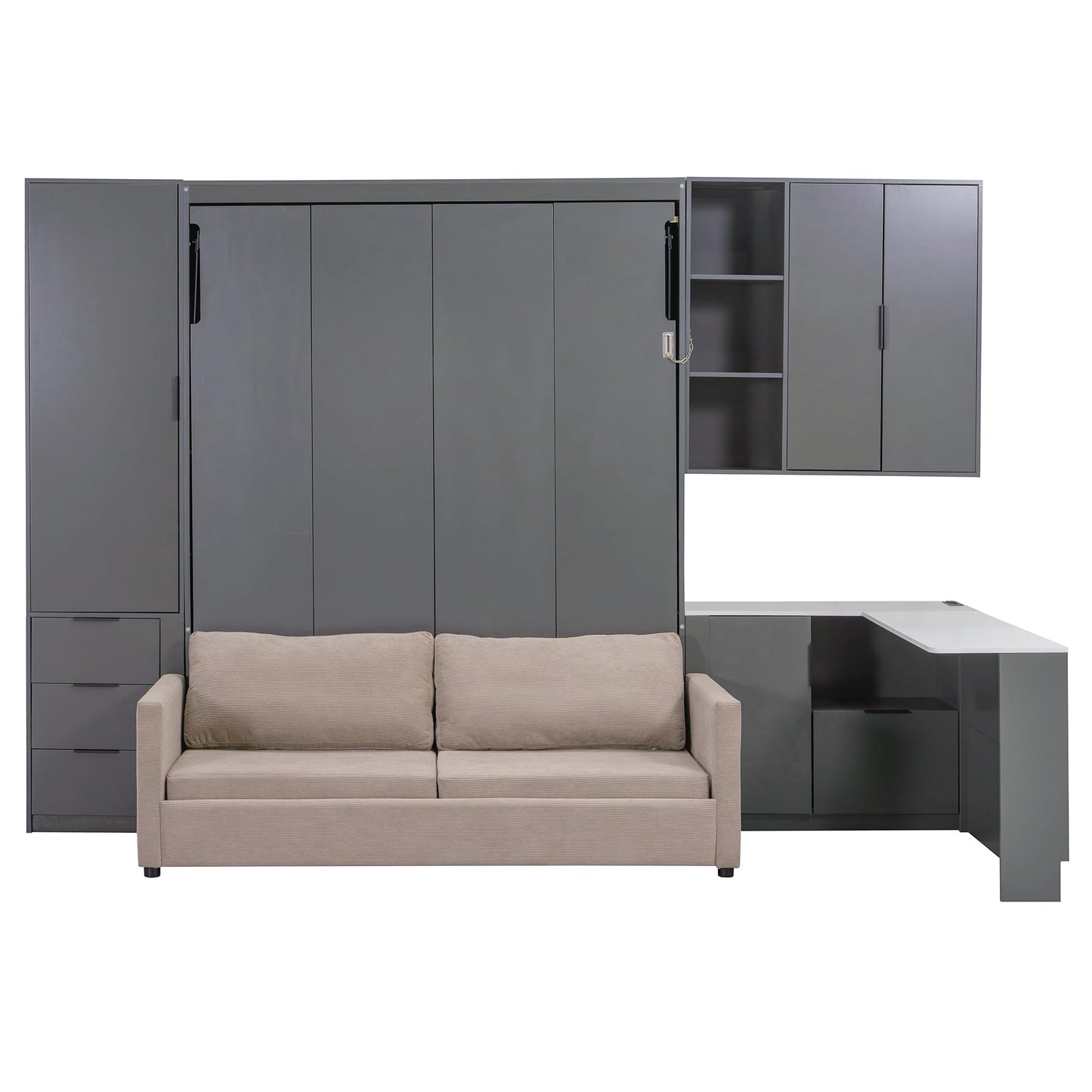 Merax Queen Size Wood Murphy Bed with Upholstered Sofa & Desk, Multifunctional Foldable Wall Platform Bed w/USB Charging Station for Guest-Room, Bedroom, Space Saving, Gray +Beige