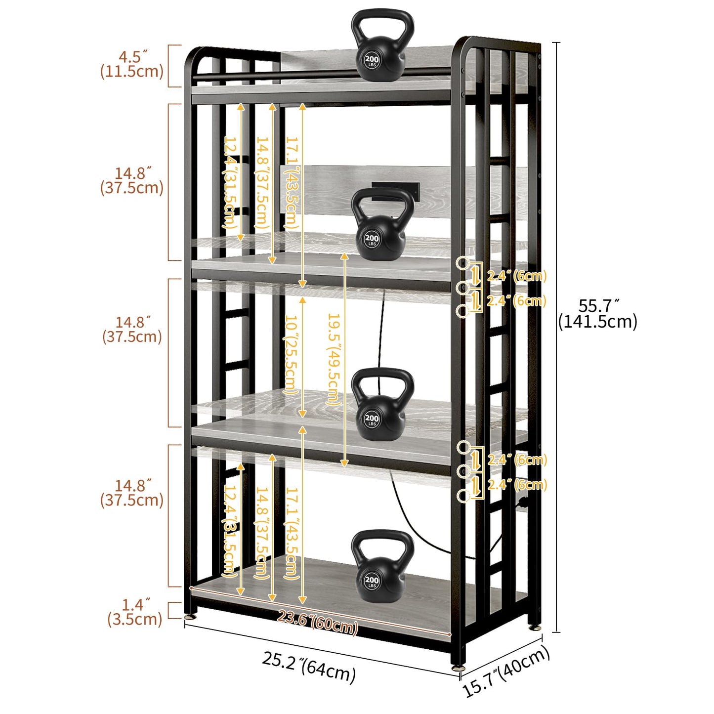 METYERRY Adjustable 4-Tier Heavy Duty Kitchen Baker's Rack with Power Outlet, with Industrial Wheels, Free Standing Microwave Oven Cart Stand for Storage in Living Room, Garage, Greige