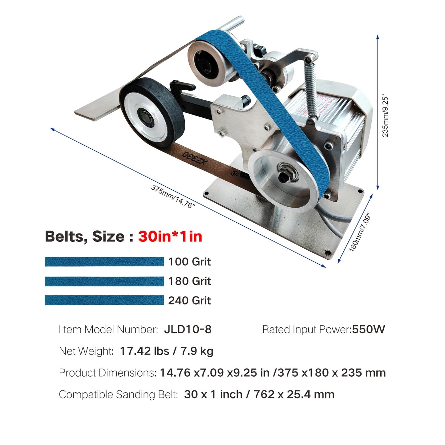 Belt Grinder Sander, 30 x 1-Inch Variable Speed Belt Polisher with VFD, 110V 550W Electric Grinding Machine with 2 Grinding Moulds & 3 PCS Sanding Belts for Metalworking, Knife Making