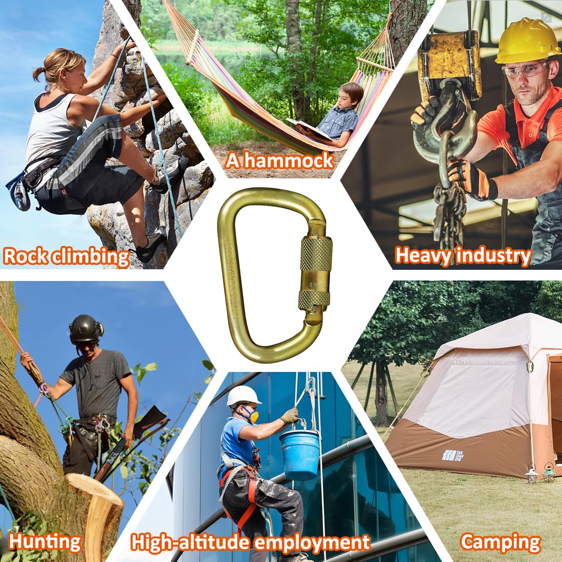 DEKABR Heavy Duty Alloy Steel Auto-Locking Climbing Carabiner - 45KN Twist Lock Carabiner for Rock and Tree Climbing, Quick Release, Rescue, and Mountaineering. ANAB Certified, Large, Gold (5 Pack)