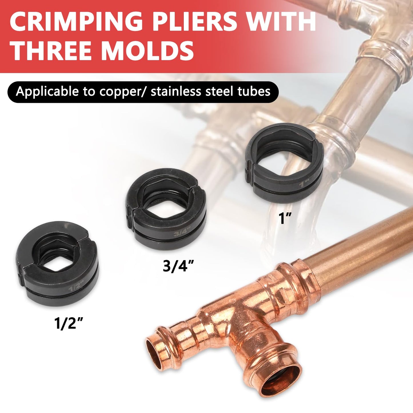 Hydraulic Copper Tube Crimping Tool with 3 Interchangeable Dies (1/2", 3/4", 1") Applicable to Stainless Steel and Copper Pipes, Ideal for Plumbing, HVAC, Refrigeration & Industrial Piping Projects