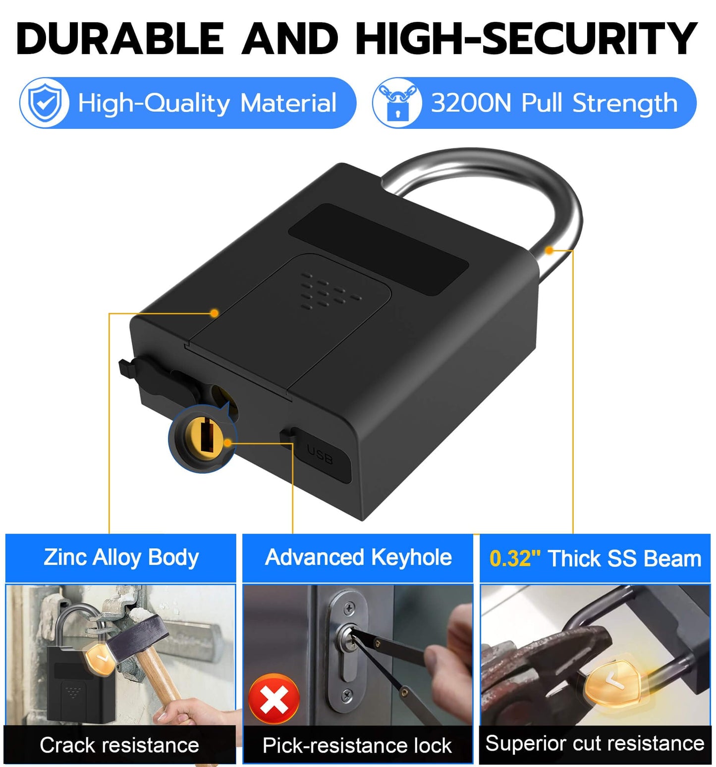 eLinkSmart Fingerprint Padlock with Key Backup, Heavy Duty Weatherproof Bluetooth Biometric Keyless Electronic Digital Smart Pad Lock for Gate Outdoor Fence Storage Locker Pool Shed