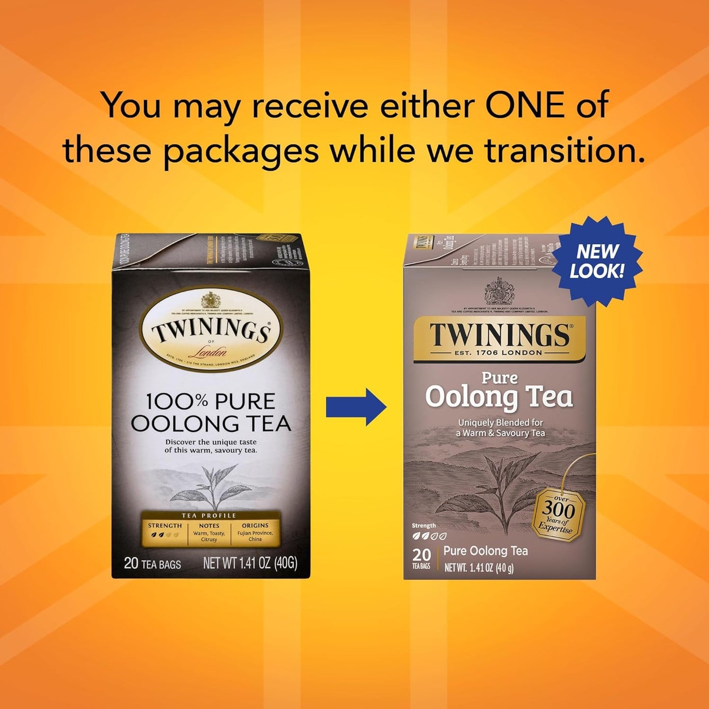 Twinings Pure Oolong Tea - Golden Caffeinated Tea Bags, 2-Pack of 20 Individually Wrapped Bags