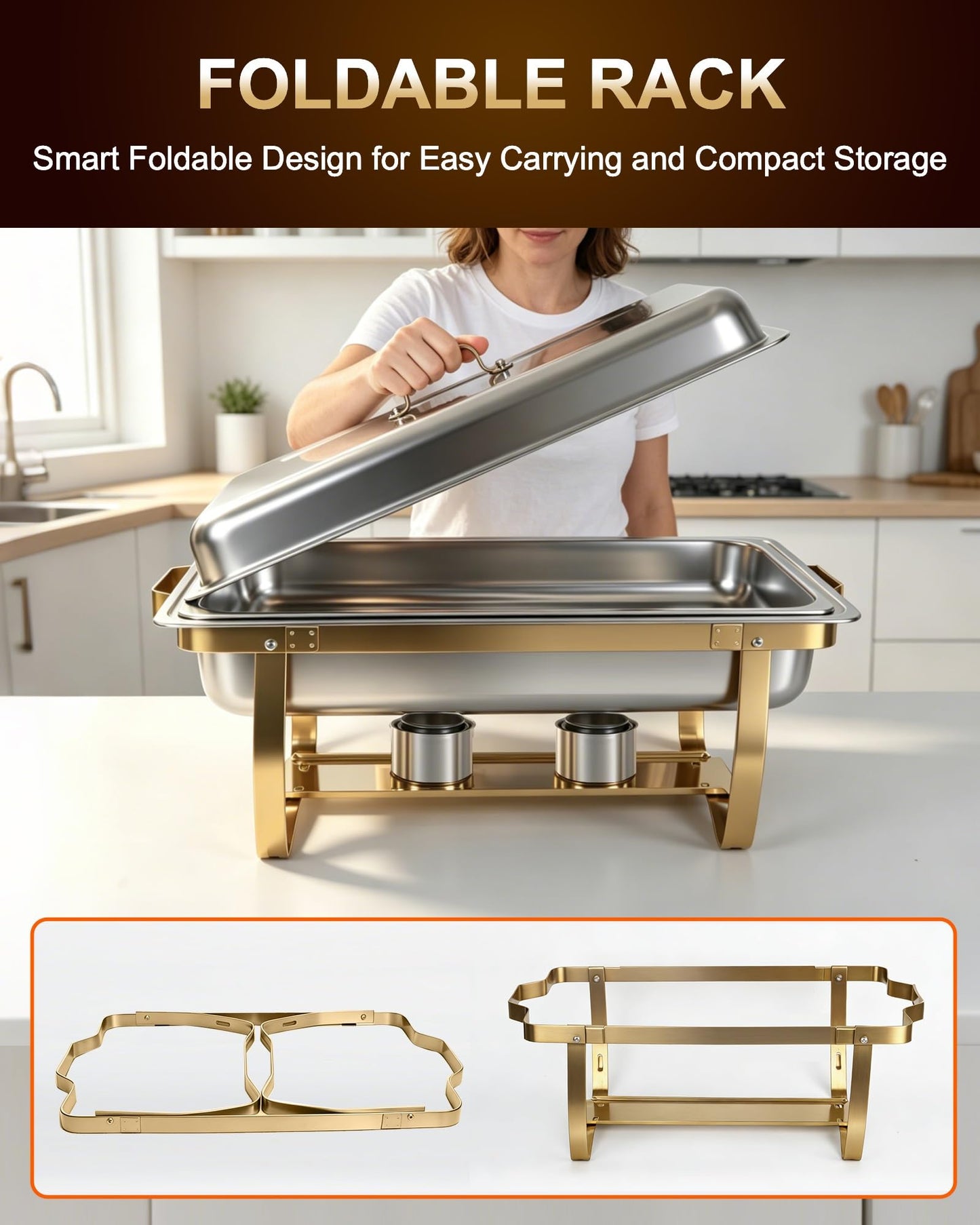 Chafing Dishes for Buffet, 4 Pack 9 QT Rectangular Stainless Steel Catering Chafer with Lids, Buffet Servers and Warmers, Food Warmers for Parties Buffet, Home, Wedding, Christmas Gatherings, (Golden)