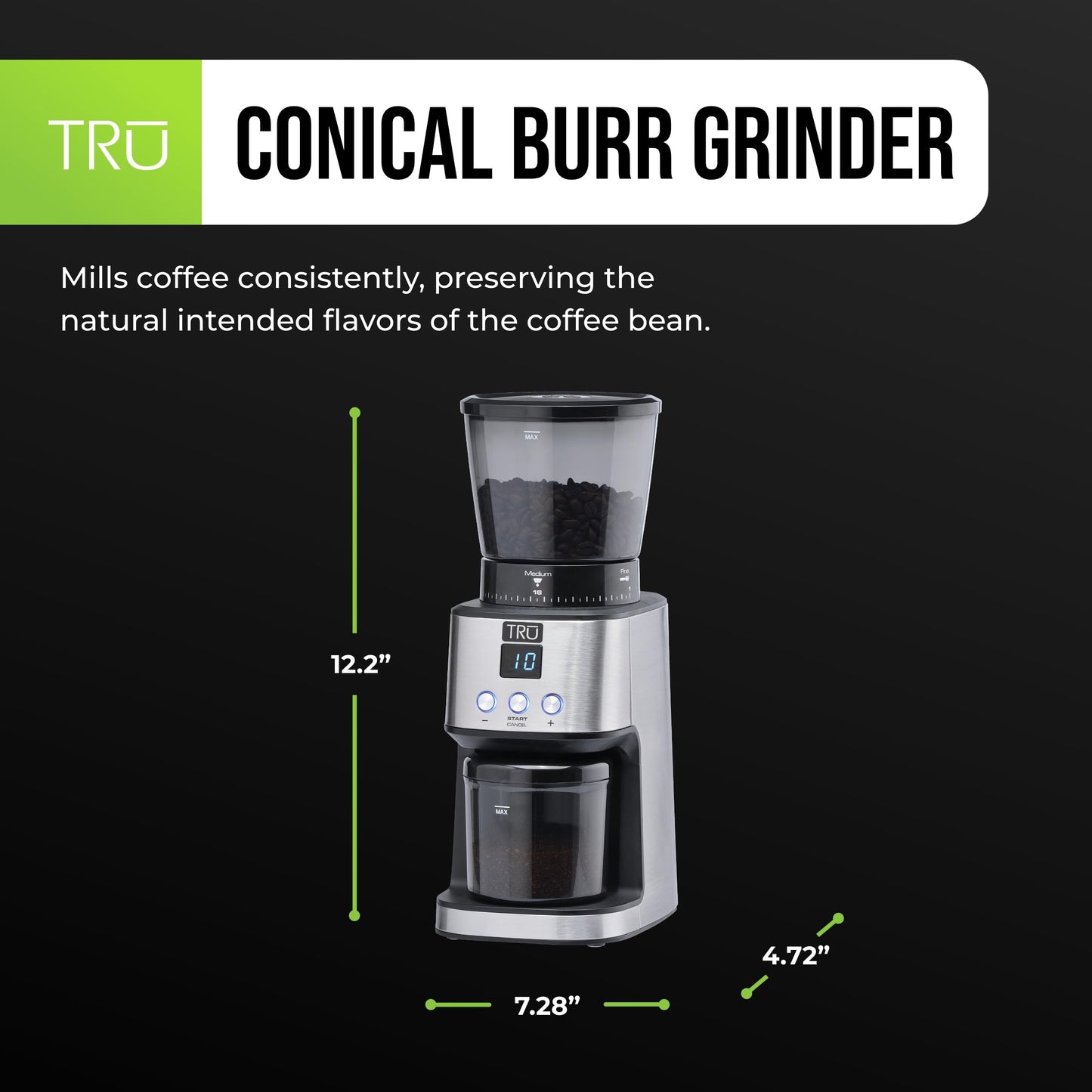TRU Conical Burr Grinder - Precision Coffee Bean Grinder with 30 Grind Settings - Adjustable Grind Time & Digital Countdown - 9 oz Bean Hopper for Espresso & Drip Coffee