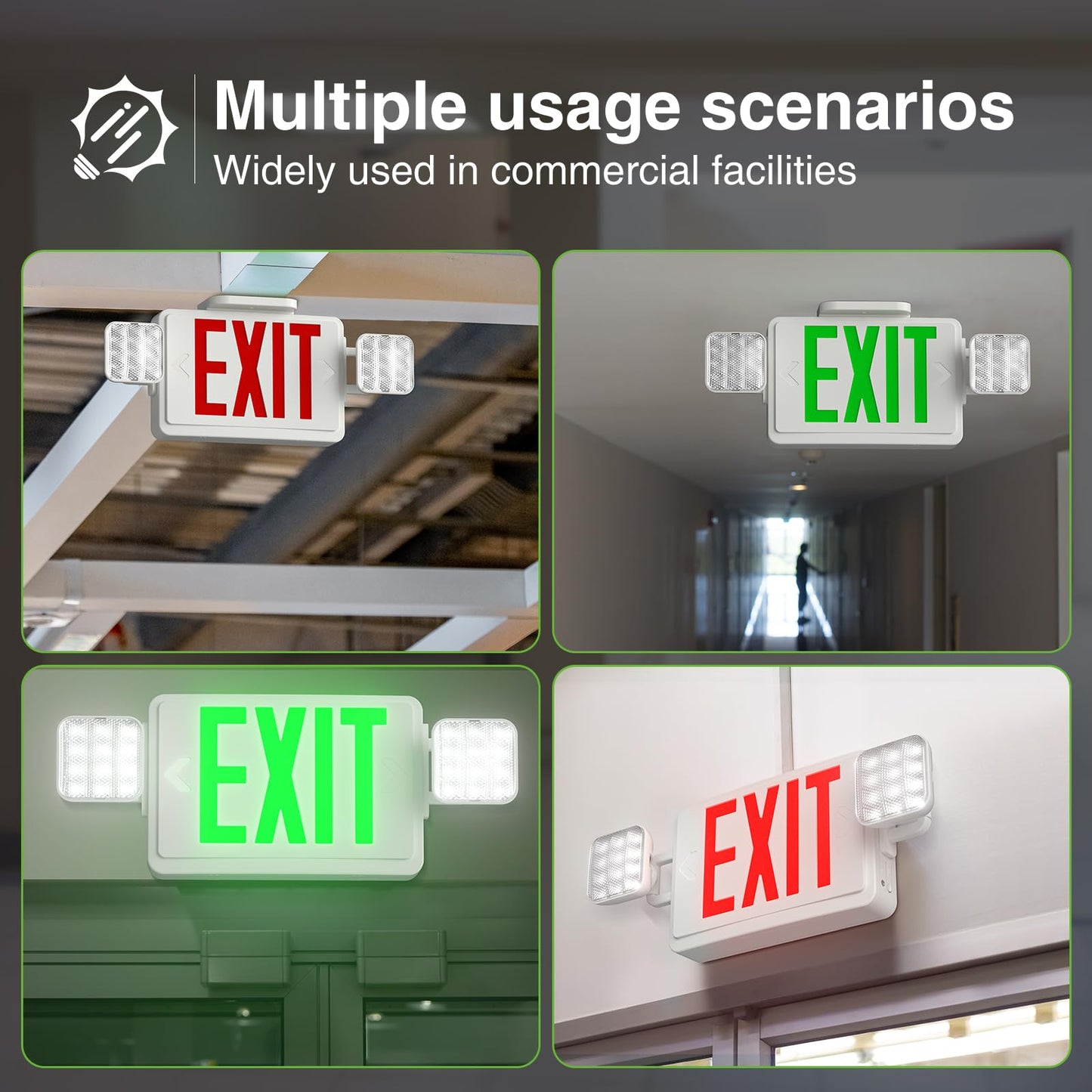 FREELICHT 2 Pack LED Exit Sign with Emergency Lights, Adjustable LED Emergency Exit Lights with Battery Backup, Easy To Install, UL Certified, AC 120/277V