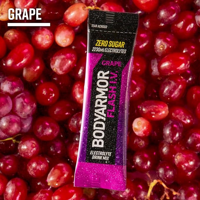 BODYARMOR Flash IV Electrolyte Packets, Grape - Zero Sugar Drink Mix, Single Serve Packs, Coconut Water Powder (6 Count)