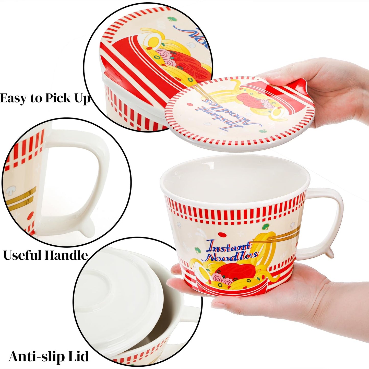 Pumtus Ceramic Ramen Bowl with Lid, 35 OZ Large Japanese Instant Noodle Cup with Fork & Handle, Cute Deep Soup Mug Set, Cereal Porridge Tableware for Home Office Dorm, Microwave & Dishwasher Safe