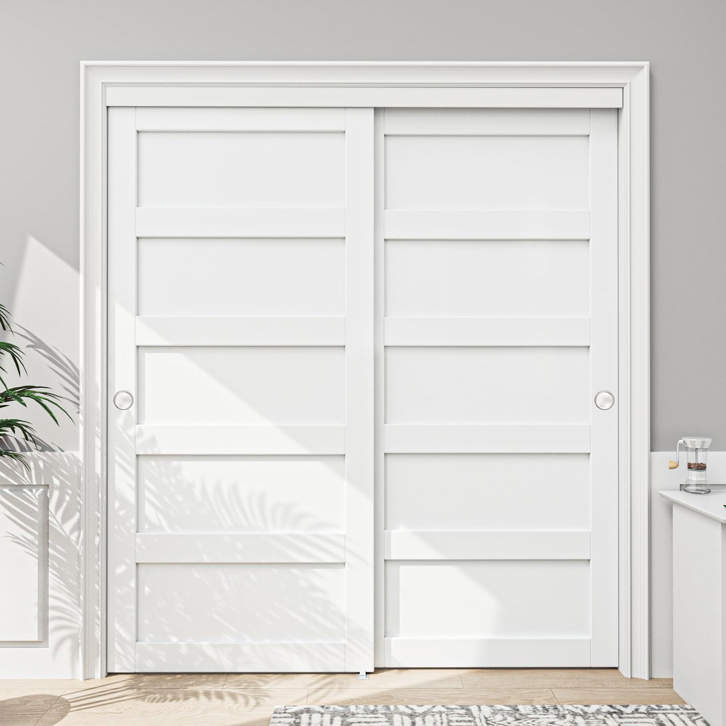 Paintable Sliding Closet Doors, 72" x 80" Bypass Slidng Door Panels with Hardware Kit, 5-Lite Panle Door Slab Shaker for Bedroom/Closet/Barn - Assemble Required