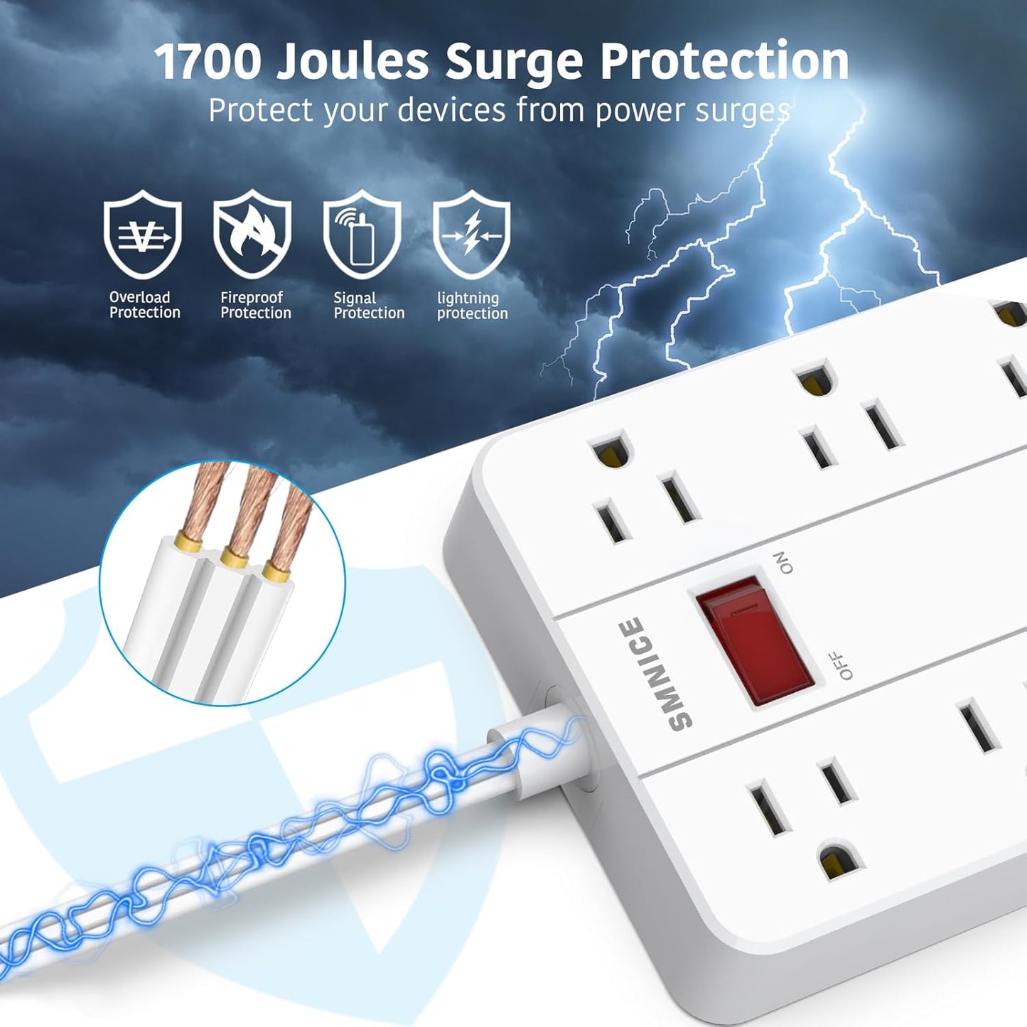 SMNICE 10 8 6USB(1 Power Strip Surge Protector, Flat Plug Long Extension Cord Ft with Widely Spaced Outlets USB C)