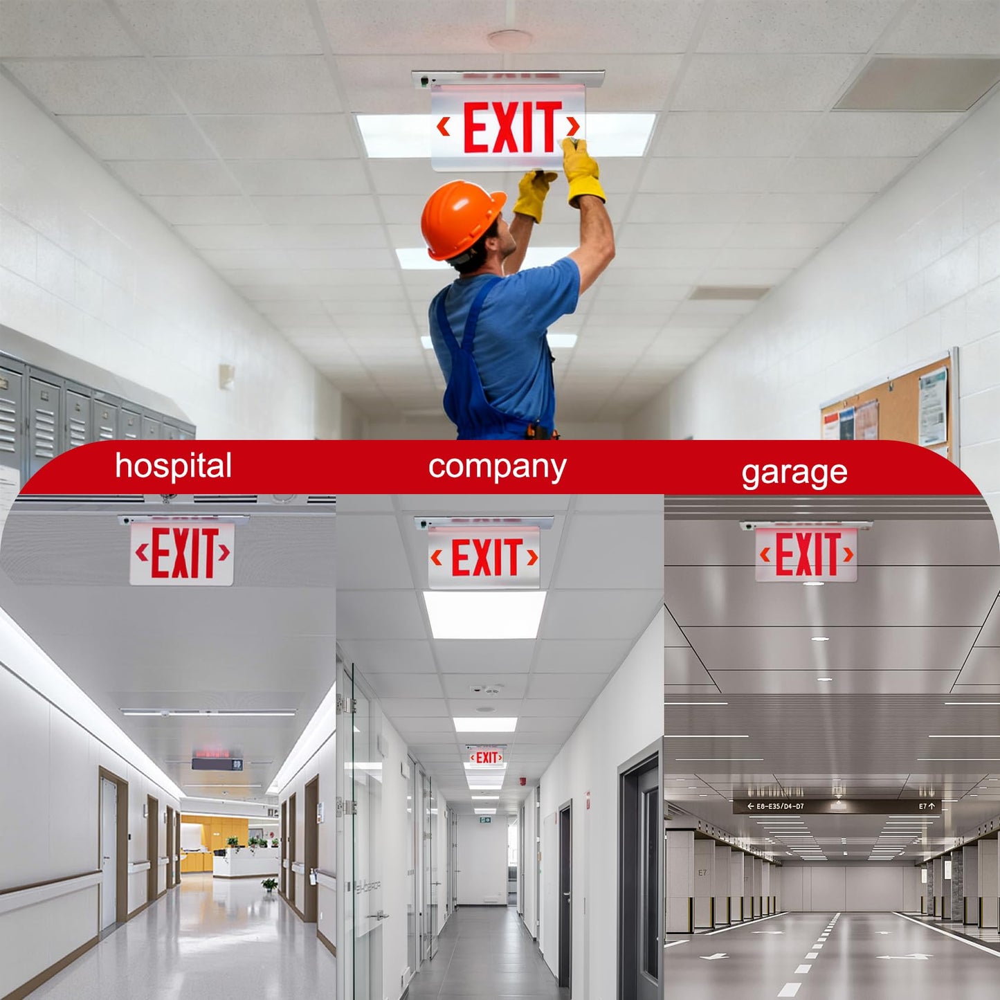 LED Exit Sign LED Edge-Lit Exit Sign Emergency Light, 120-347V, Recessed Mount Emergency Light, Aluminum Housing, Single Face Acrylic Panel, Red Letters, with Battery Backup