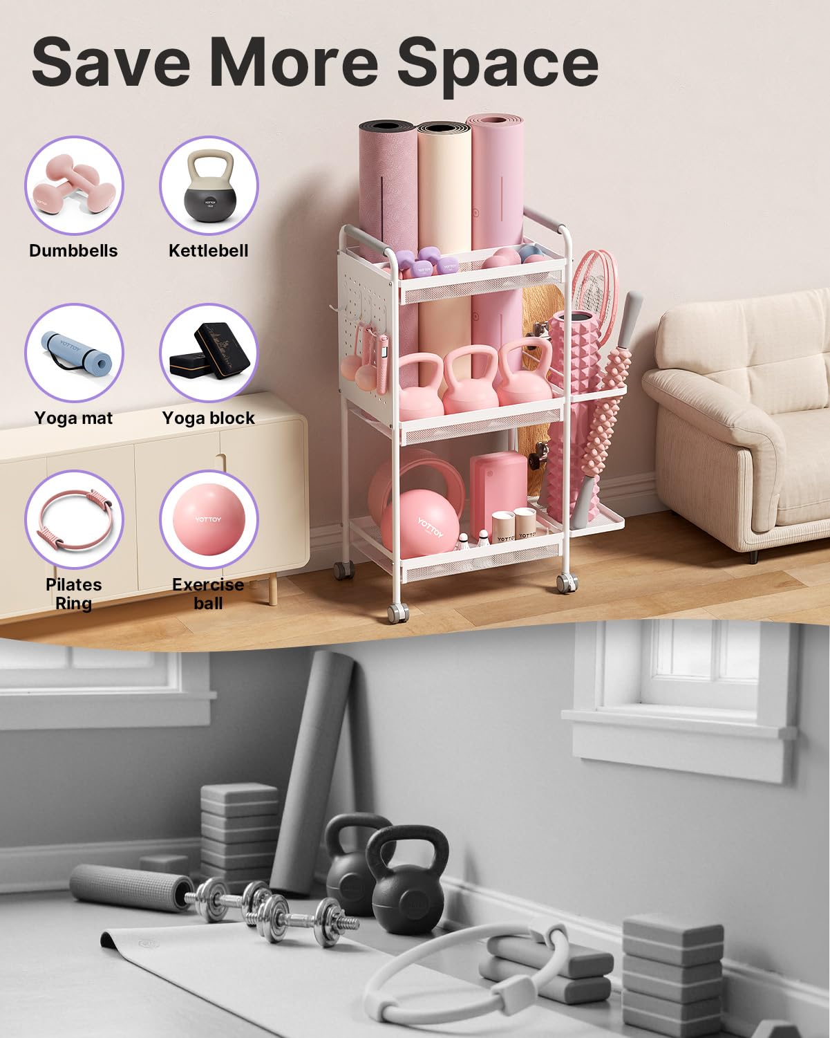 YOTTOY 3-Tier Gym Storage Rack for Home Gym–Multi-Functional Weight Rack, Dumbbell Rack, Yoga Mat Holder with Side Basket & 6 Hooks, Gym Equipment Organizer (White)