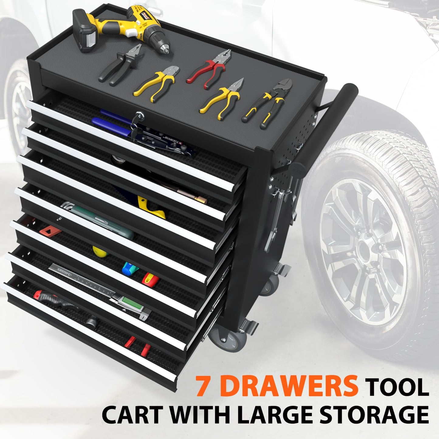 Granper 7-Drawer Rolling Tool Chest, Tool Box with 4 Wheels and Drawers, High Capacity Detachable Mobile Tool Storage Cabinet for Garage, Workshop, Mechanics and Repair Room (Black)