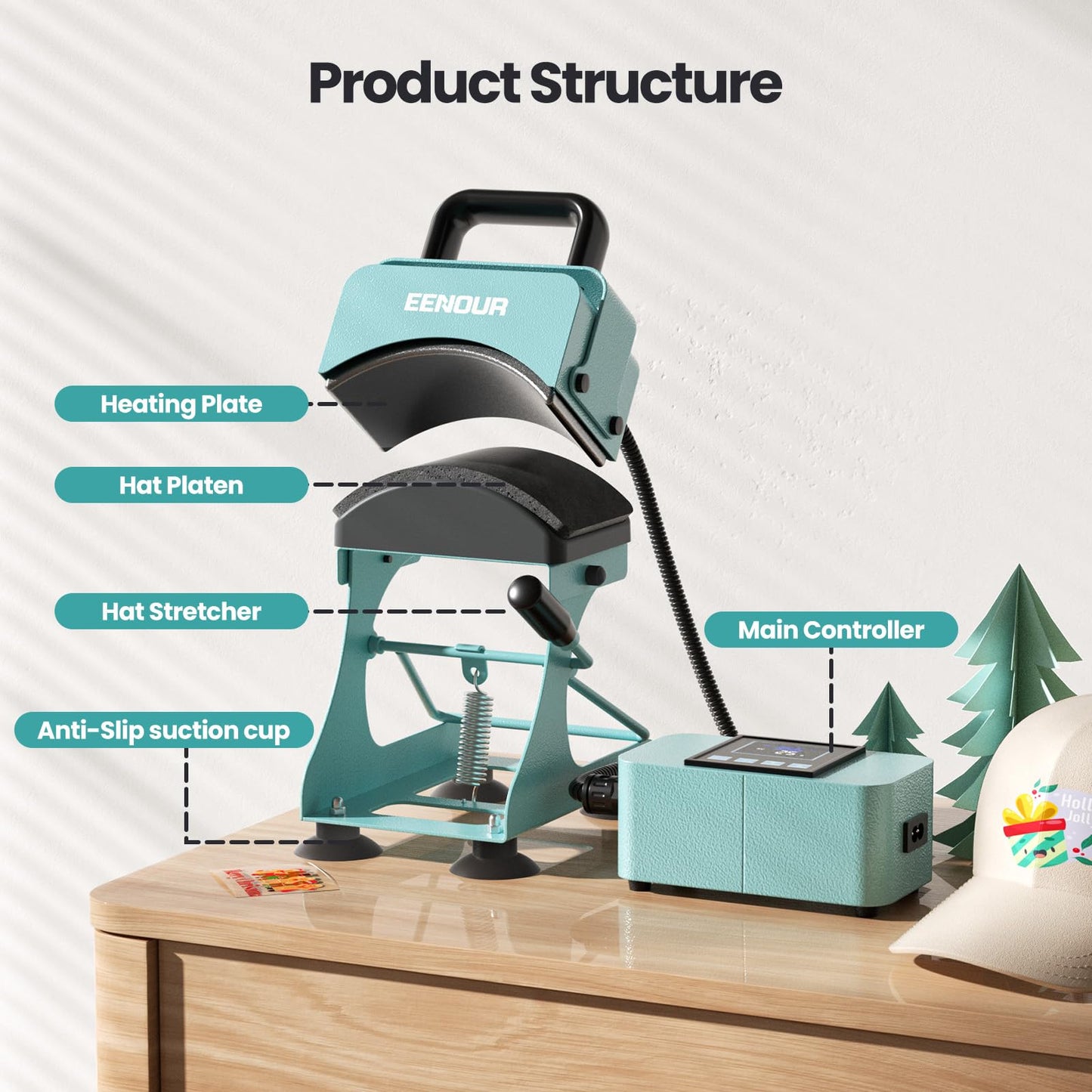 EENOUR Hat Press, Hat Heat Press Machine with 2 Platens & Caps Stretcher, Hat Press Heat Machine for Caps with Memory Mode, Precise Time and Temperature Control, Heat Transfer Printing for Caps, Hats