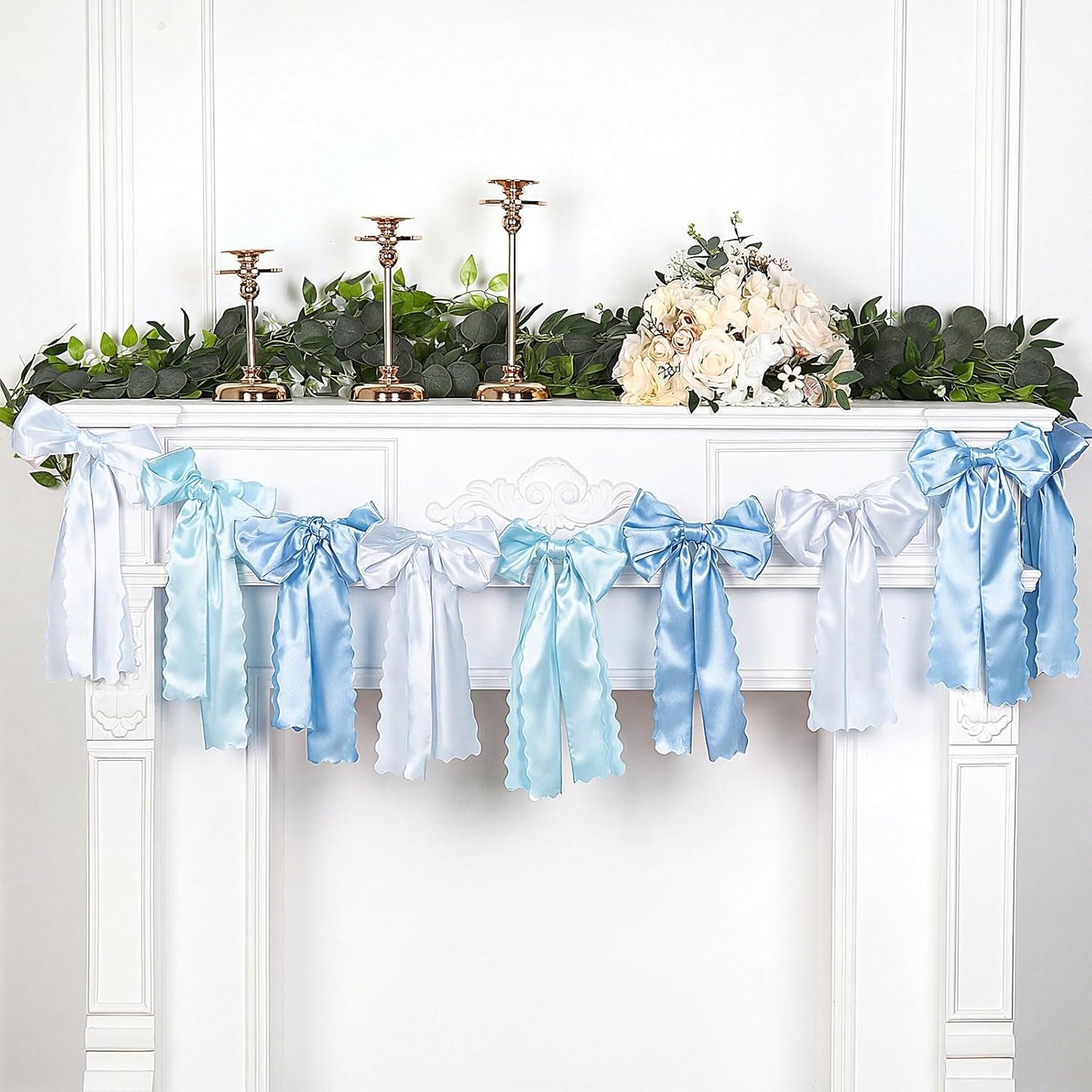 VitalCozy Blue Bow Garland - Pre-Strung Satin Ribbon Decor for Bridal Showers & Birthday Parties