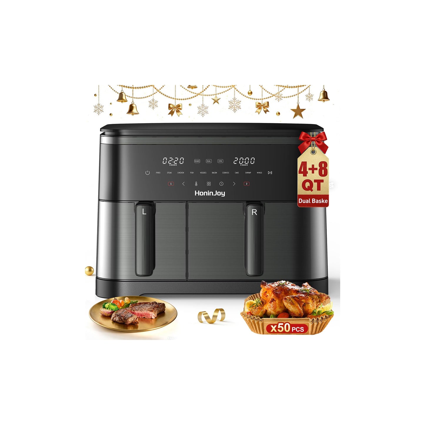 HoninJoy 12QT Large Air Fryer with Dual Basket (4QT+8QT), 13-in-1 Digital Touchscreen Double Zone Air Fryers with 50pcs Paper Liners, Sync & Dual, for Bake, Roast, Shake Reminder, Dishwasher Safe