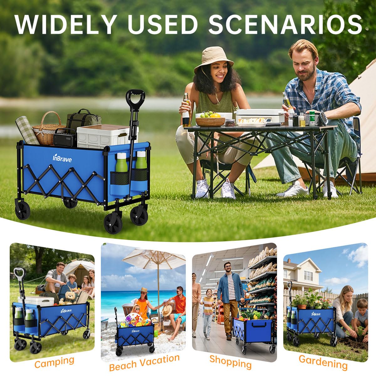 Collapsible Wagon Cart, 380LBS Heavy Duty Utility Wagons with All-Terrain Wheels, Foldable Grocery Carts for Gardening, Shopping, Beach, Camping (Blue)