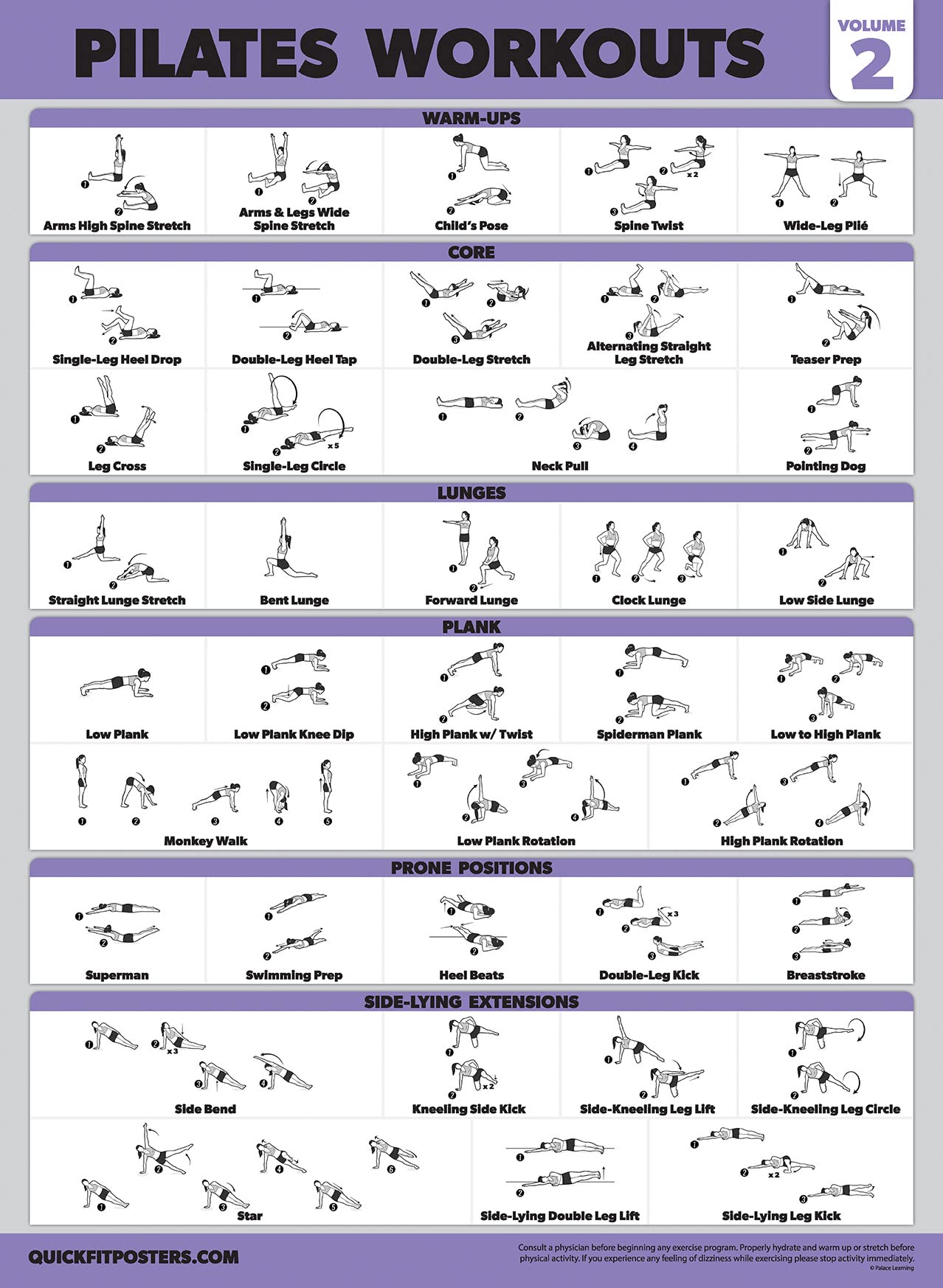 4 Pack - Pilates Workout Volume 1 & 2 + Yoga Poses Volume 1 & 2 - Exercise Poster Set (18 x 24, LAMINATED)