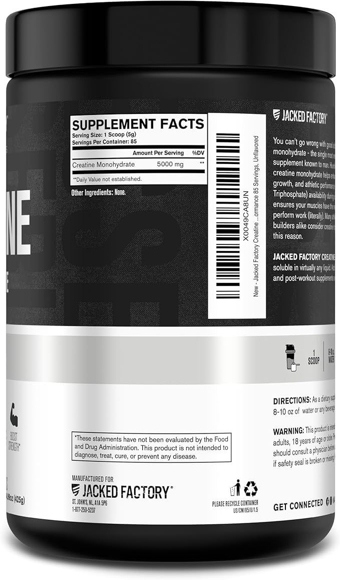 Jacked Factory Creatine Monohydrate Powder 425g - 5g Daily Creatine Supplement for Men and Women, Vegan-Friendly, Third-Party Tested - 85 Servings, Unflavored