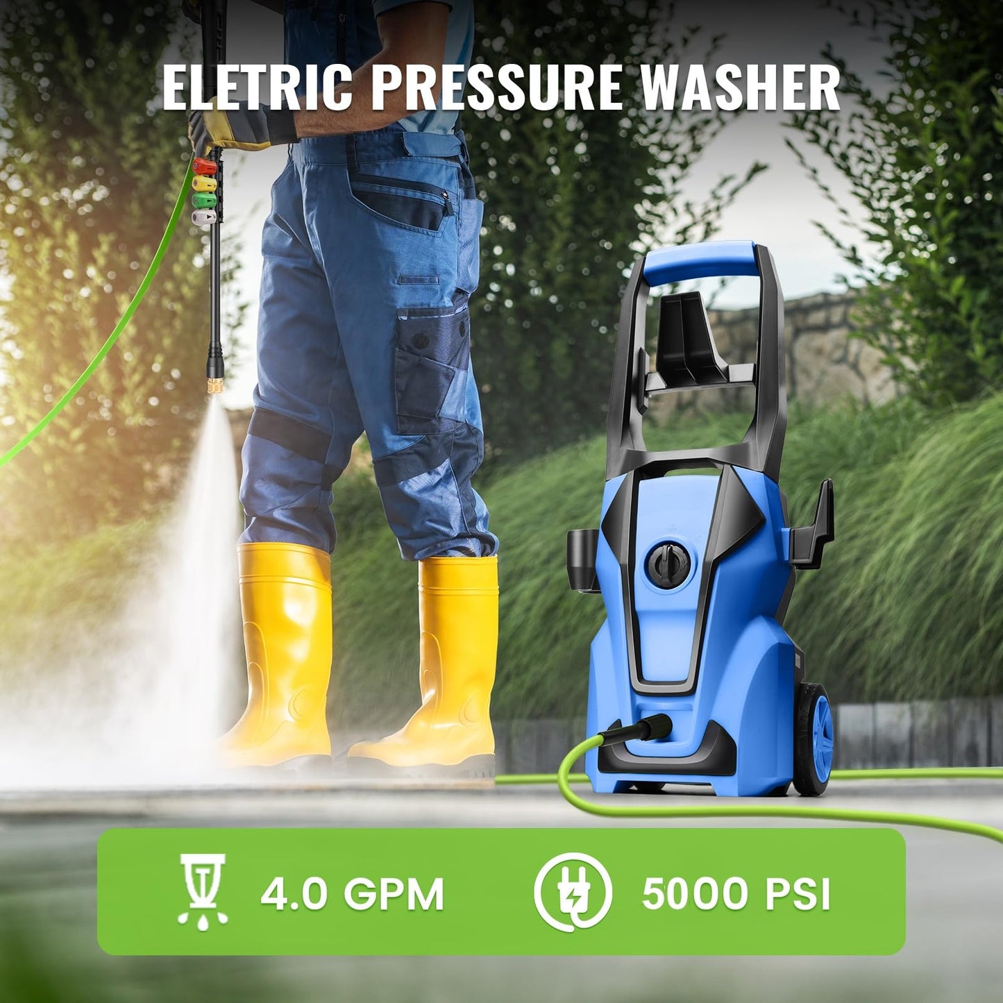 Imdot Electric Pressure Washer 5000PSI Max 4.0GPM with 33FT Flexible Extension Hose, 4 Nozzles, Foam Cannon, Power Washer Powered for Cars, Patios, Driveways, Deep Green