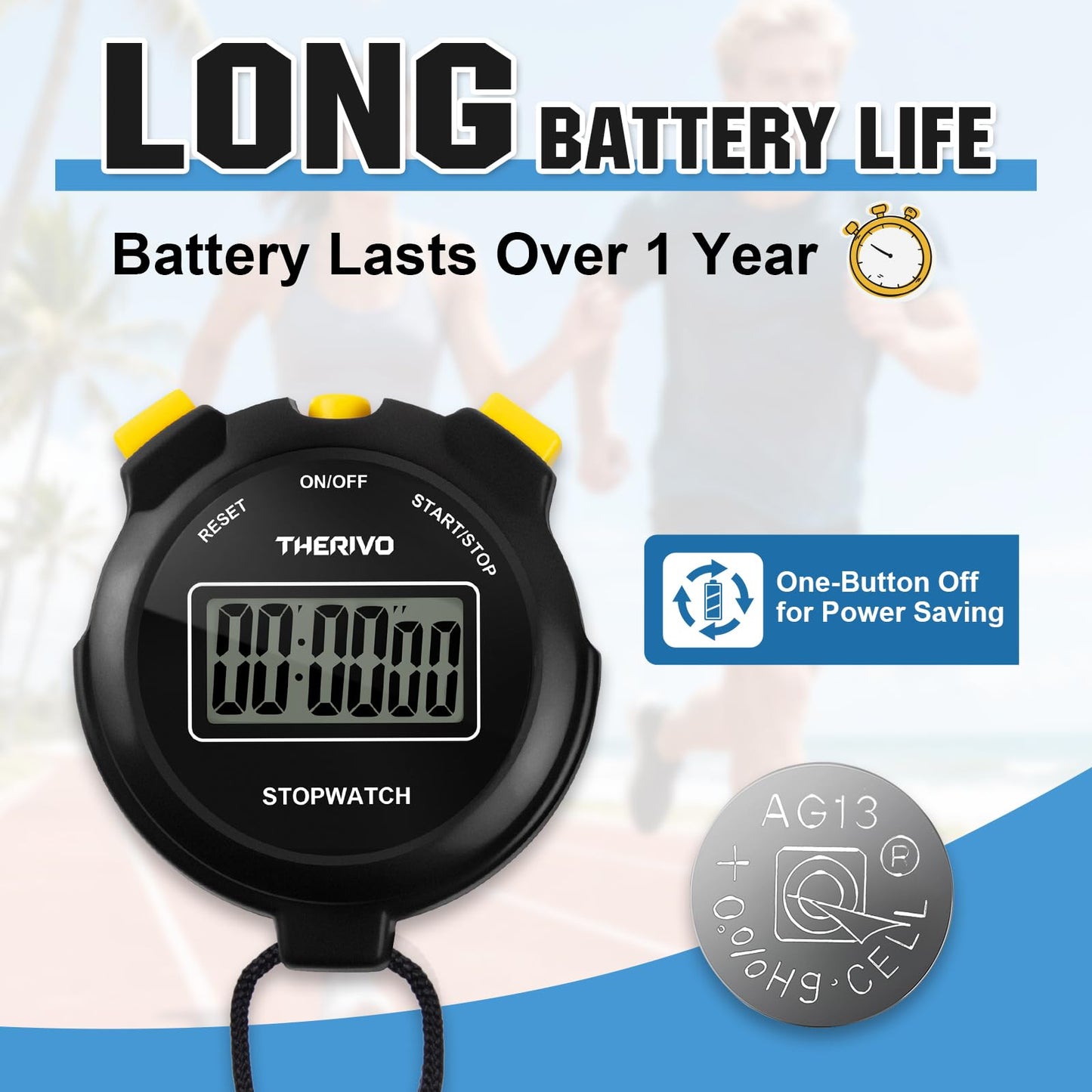 Therivo Digital Simple Silent Stopwatch Timer: Only Stopwatch Mode (No Laps), Easy to Use, Read, and Carry with Intuitive Buttons — On/Off, Large Display, Ideal for Kids, Track, Sports, Coaches