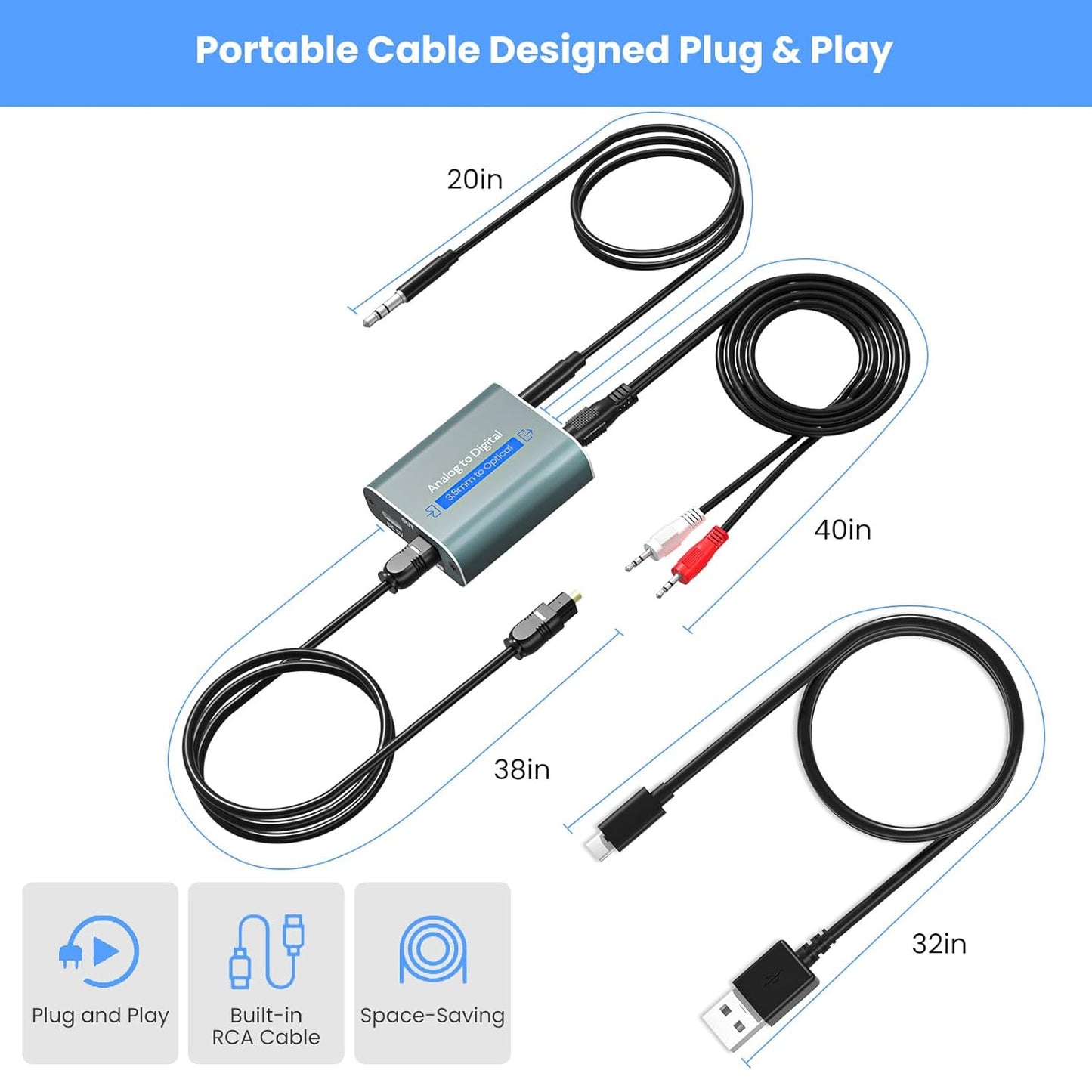 3.5mm 3.5 3.5 Analog to Digital Audio Converter Dual Analog Jack AUX to Optical SPDIF Audio Adapter with Optical Cable