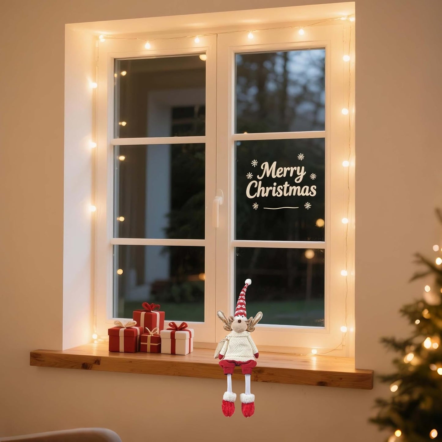 Regine Switzerland Christmas Sitting Reindeer Shelf Sitter Decor - 24 Inch Plush Figurine with Dangling Legs & Weighted Bottom for Holiday Mantel/Tabletop