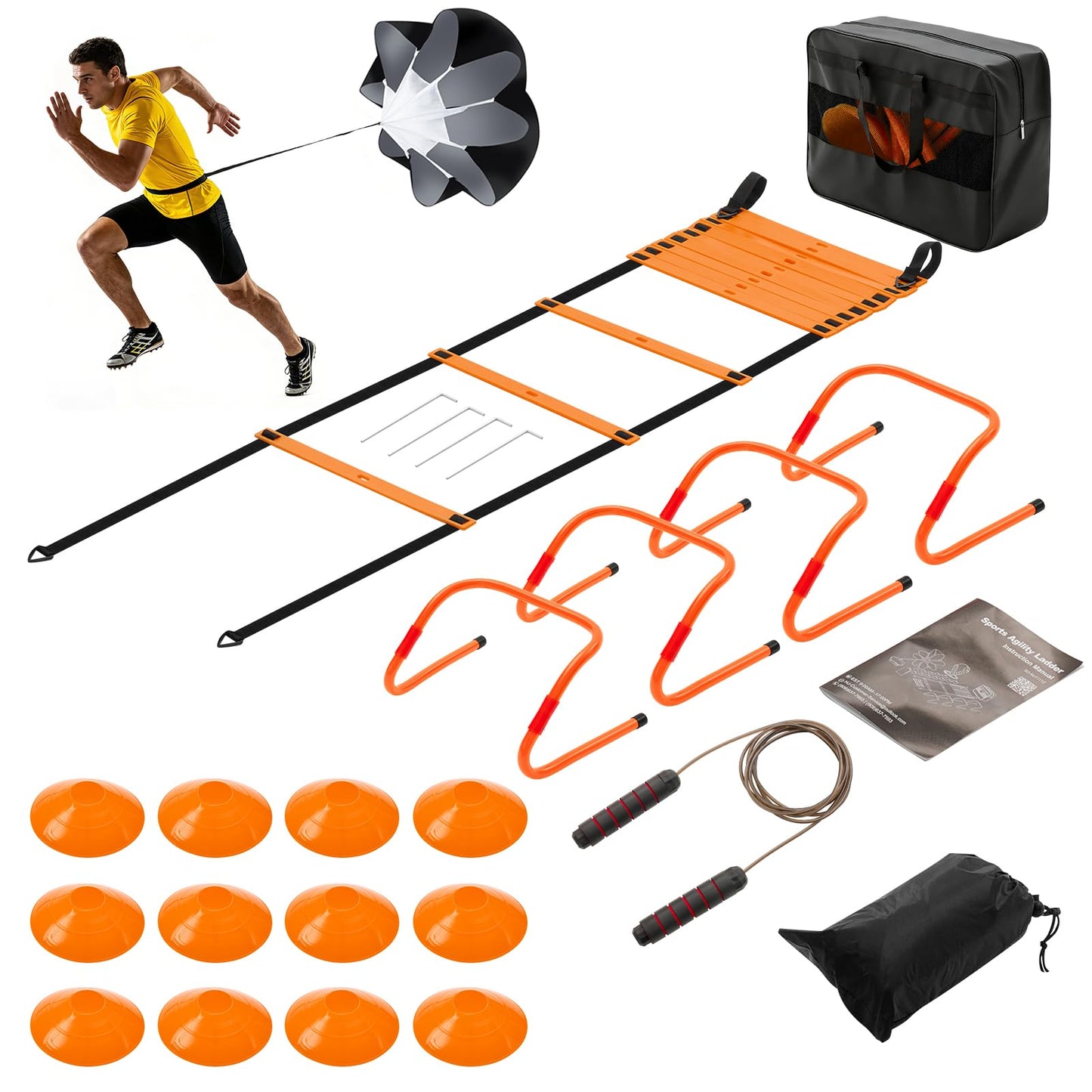 OLIXIS Agility Ladder, Soccer Training Equipment Set, 20 ft Speed Ladder, 12 Soccer Cones, 4 Agility Hurdles, Jump Rope, Resistance Parachute Agility Training Equipment for Kids, Youth, Adults, Orange