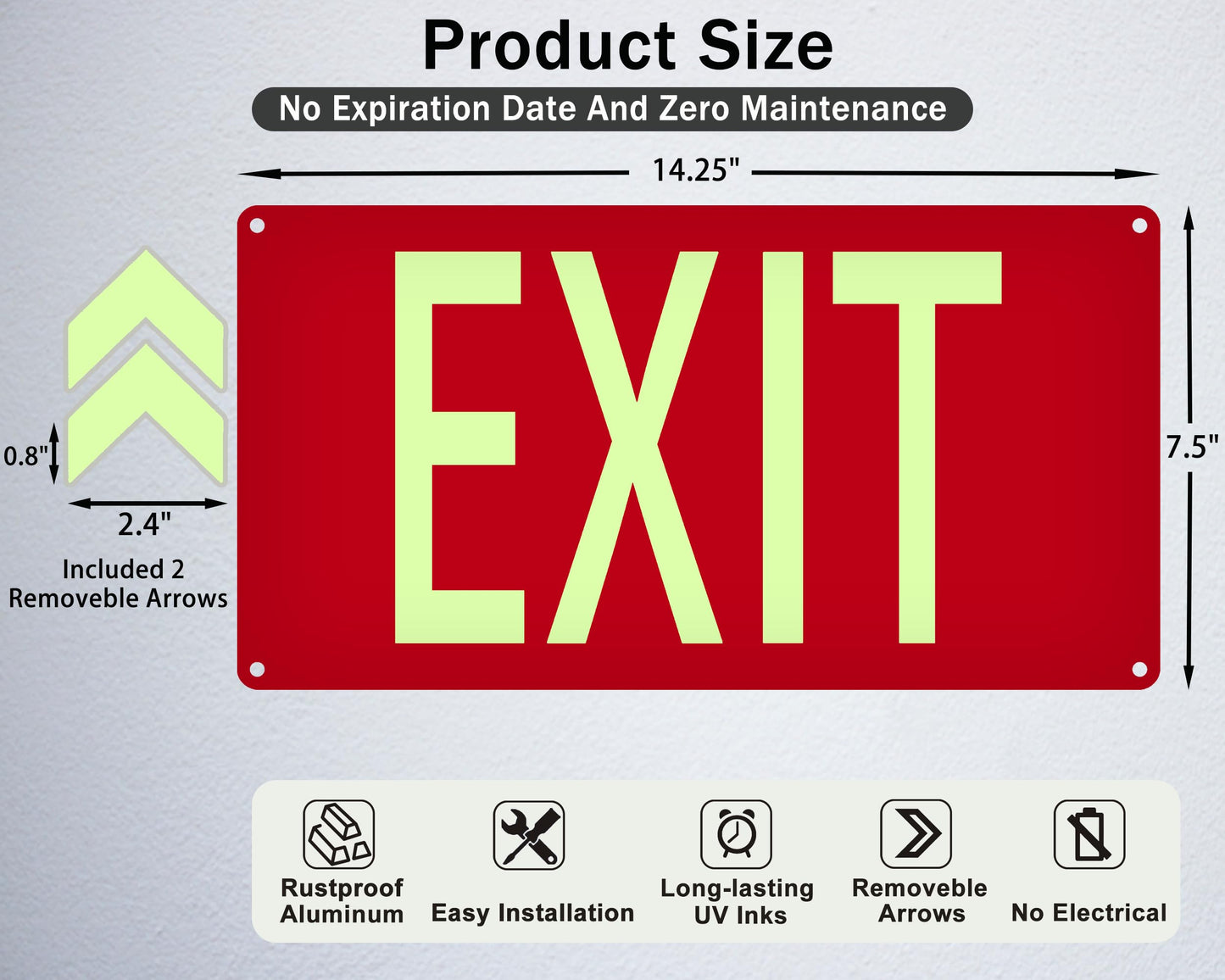(2 Pack) Photoluminescent Exit Sign Red - with Removable Directional Arrows, With strong self adhesive tape, 14.25 x 7.5 Inches Heavy Duty Aluminum Signs, Fade Resistant, water proof/weather proof