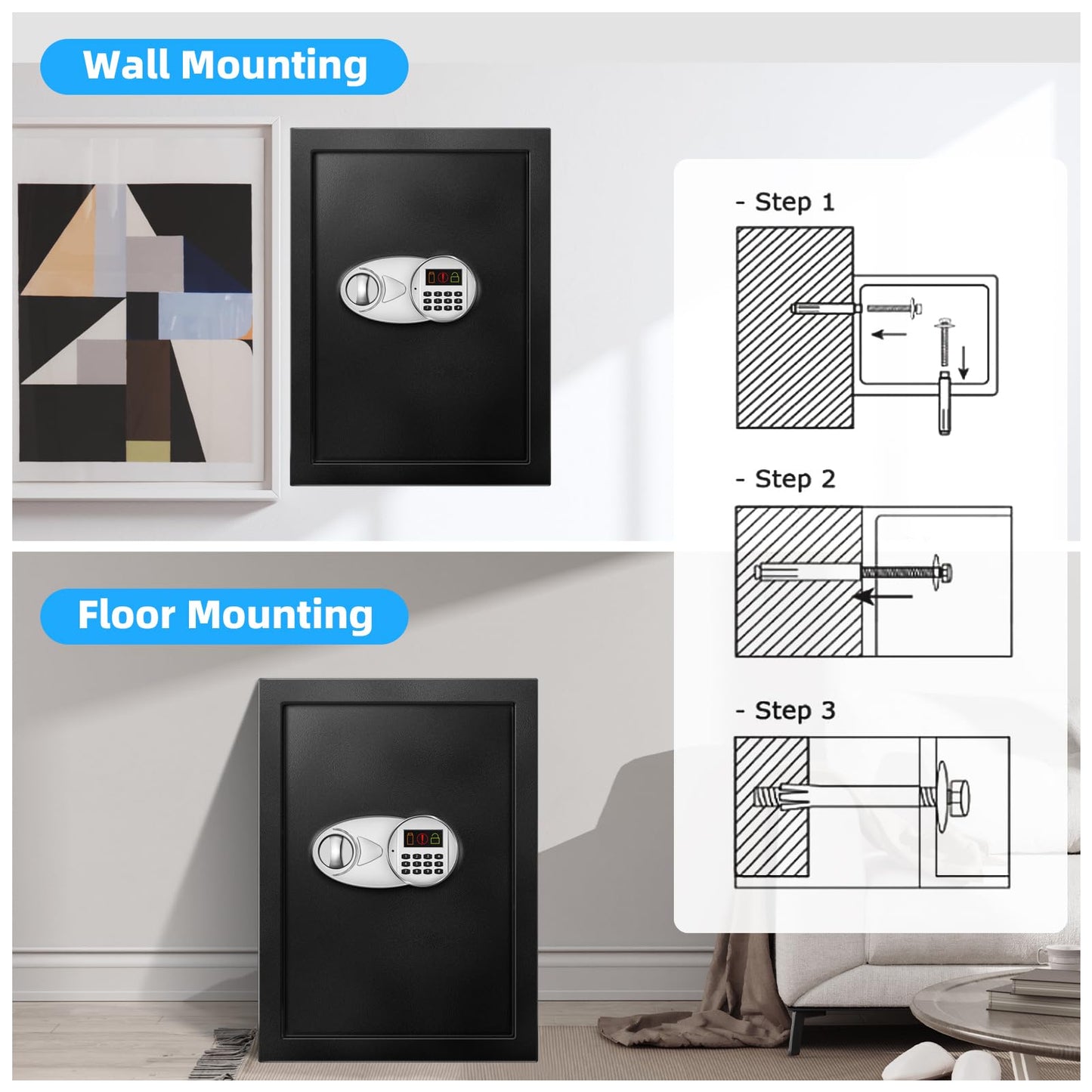 TOTOY 3.5 Cu Ft Large Safe Box For Home Documents with Emergency Battery Box - Steel Fireproof Security Safe Lock Box with Electronic Keypad, LED Sensor Light- Safety Box For Cash, Jewelry