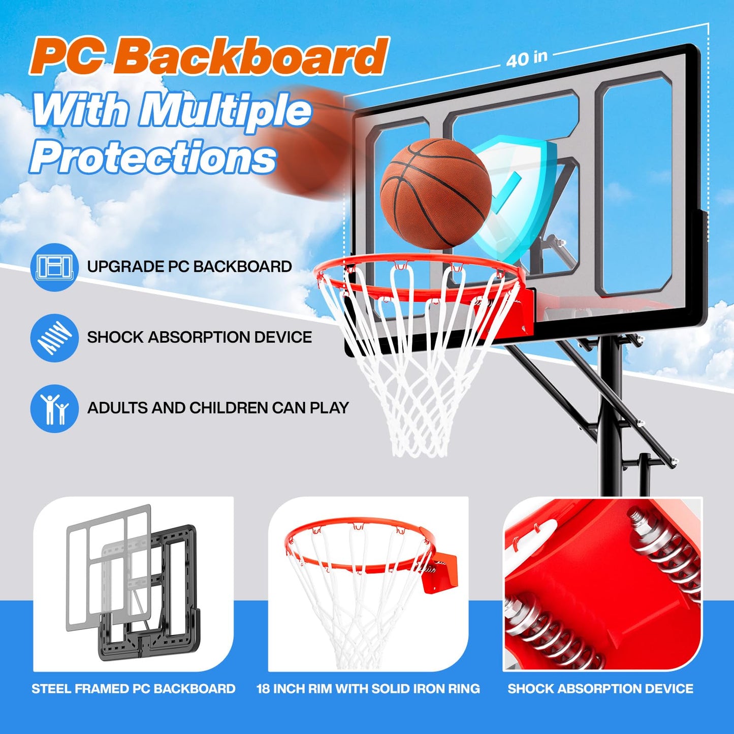 AWII SPORT Basketball Hoop Outdoor Protable 40 Inch Impact Backboard, 5.5-10FT Height Adjustable Basketball Hoop Goal System with Wheels for Adults (40inch Backboard)
