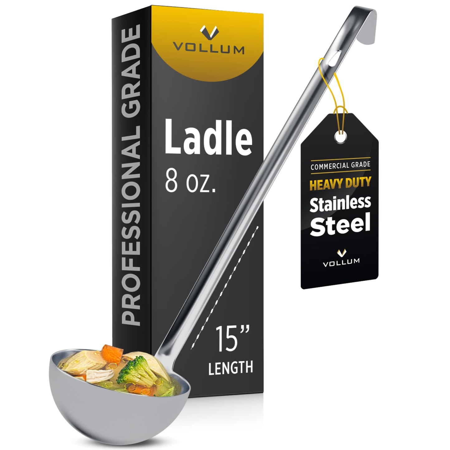 Vollum 1-Piece Stainless Steel Ladle - Heavy Duty Commercial Thick Stainless Steel - 8 Ounce (3.9" Bowl Diameter, 15.1" Handle Length)