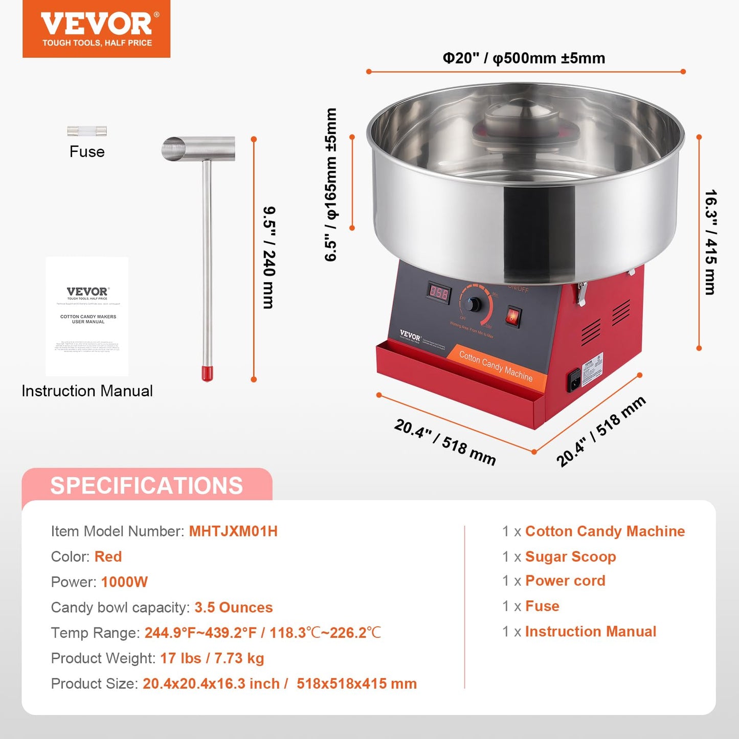 VEVOR Cotton Candy Machine Commercial, 1000W Electric Floss Maker with Stainless Steel Bowl, Sugar Scoop, Storage Drawer, Perfect for Home, Carnival, Kids Birthday, Family Party, Red