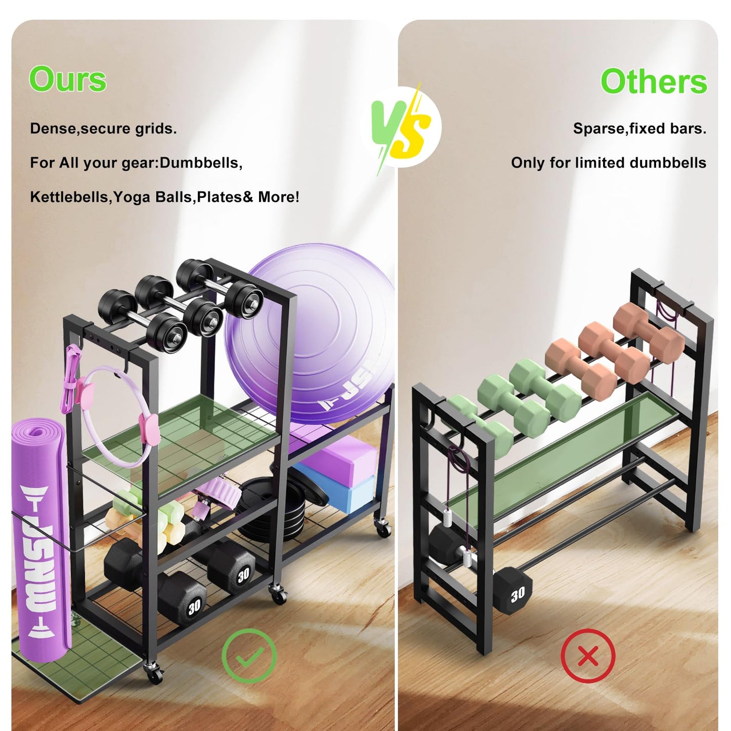 6-Tier Multi-Functional Home Gym Storage Rack with Wheels and Hooks, Adjustable Weight Rack for Dumbbells Kettlebells Yoga Mat and Balls, Space Saving Workout Equipment Storage Organizer