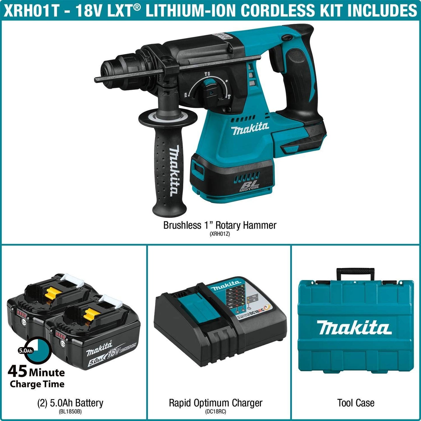 Makita XRH01T 18V LXT Lithium-Ion Brushless Cordless 1" Rotary Hammer Kit (5.0Ah) with XRJ05Z 18V LXT Lithium-Ion Brushless Cordless Recipro Saw