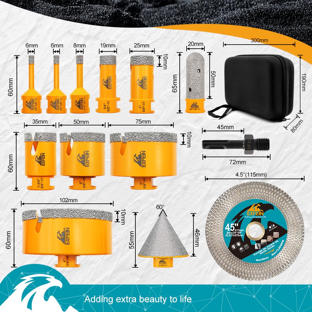 EXFEIN Tile Hole Saw Kit 13pcs - 6/6/8/19/25/35/50/75/102mm Diamond Core Drill Bits, 4/5 Inch Milling Bit + 2 Inch Chamfer Bit + Adapter + 4.5 Inch Grinding & Cutting Disc for Tile Marble Granite