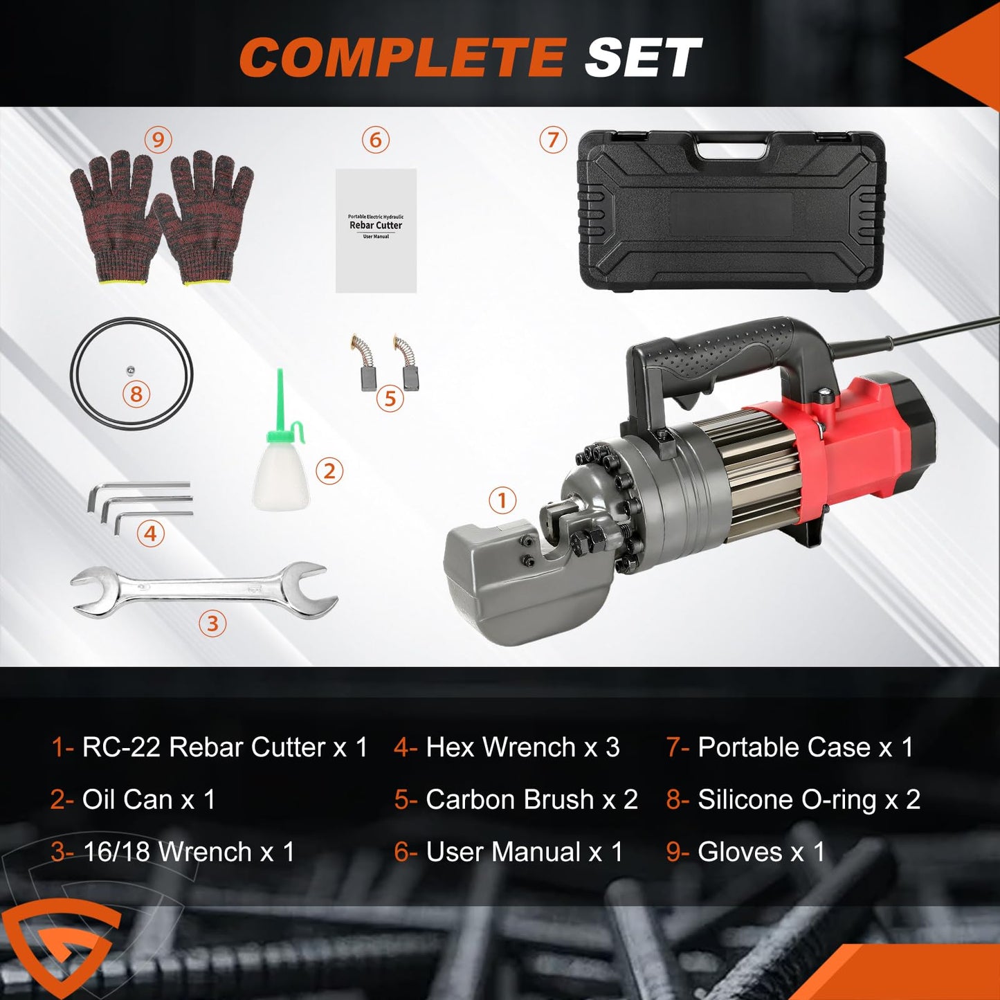 1400W Electric Rebar Cutter, 7/8" Hydraulic Portable Rebar Cutter 3-4s Cutting Speed Cuts 4-22mm #7 3/8" 5/8" up to 0.87" Rebar/Steel, RC-22,with Easy to Carry Box