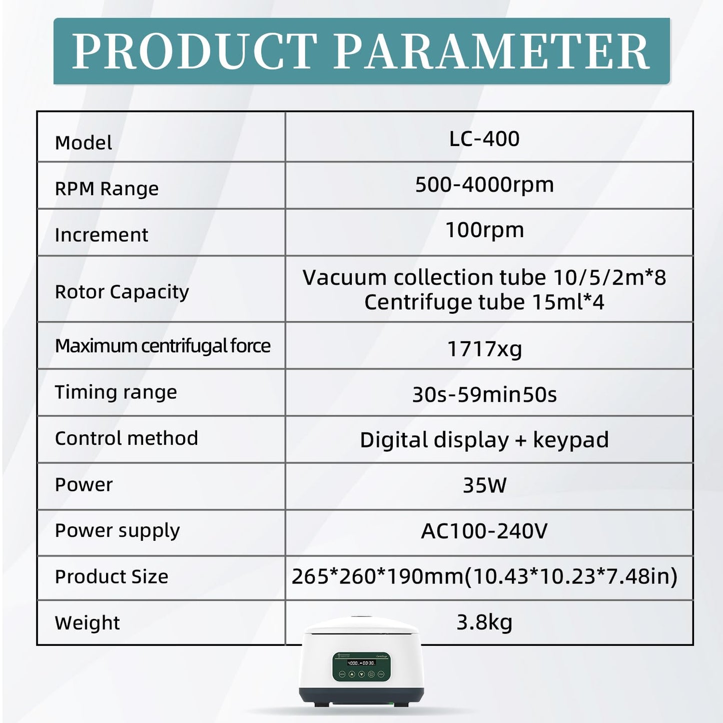 LABHOUSE PRP Centrifuge Machine 8x2ml/5ml/10ml | 4x15ml Digital Speed 500-4000rpm 1717xg RCF Lab Benchtop Centrifuges Timer 30sec-99min