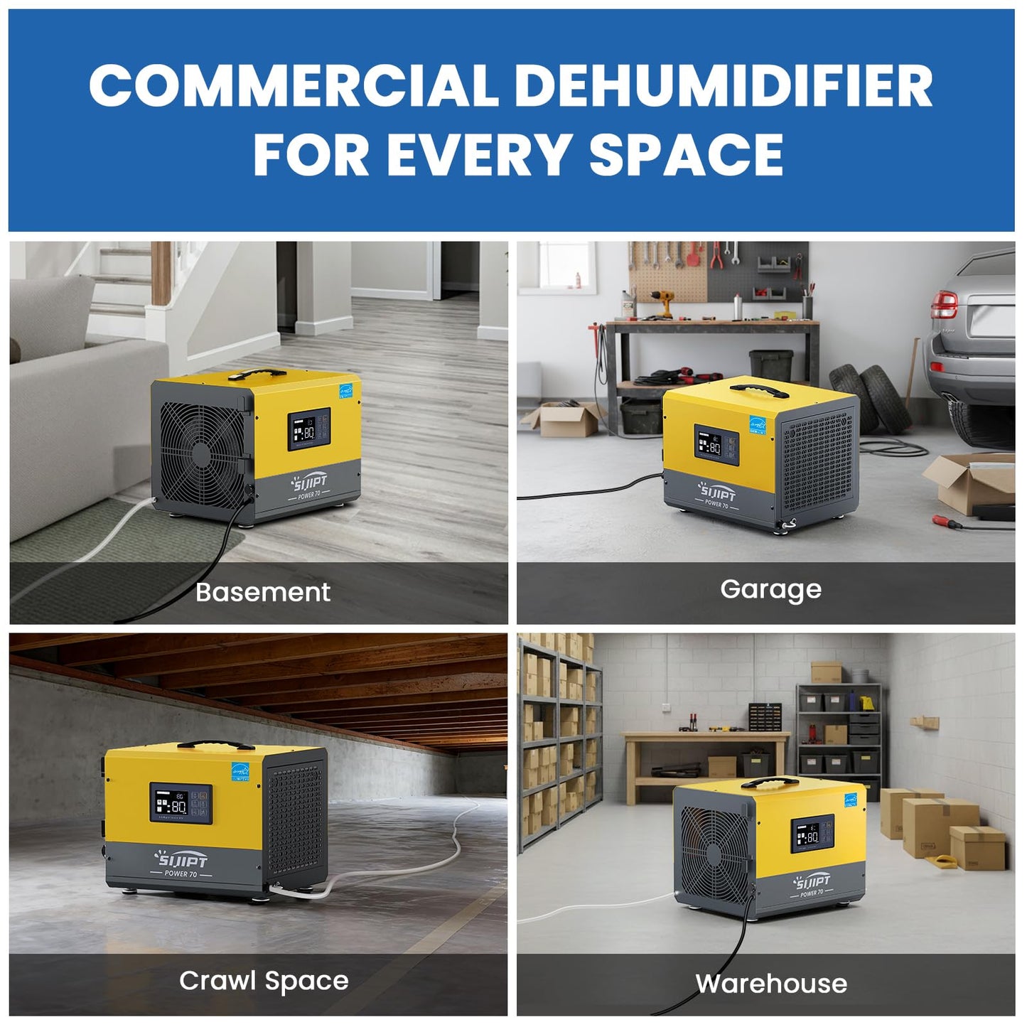 70 Pint Crawl Space Dehumidifier with Energy Star & Pump & Drain Hose for Basement, Commercial, Whole House, Industrial, Water Damage Restoration, Spaces Up to 2000 Sq Ft, Auto Defrost,Memory Restart