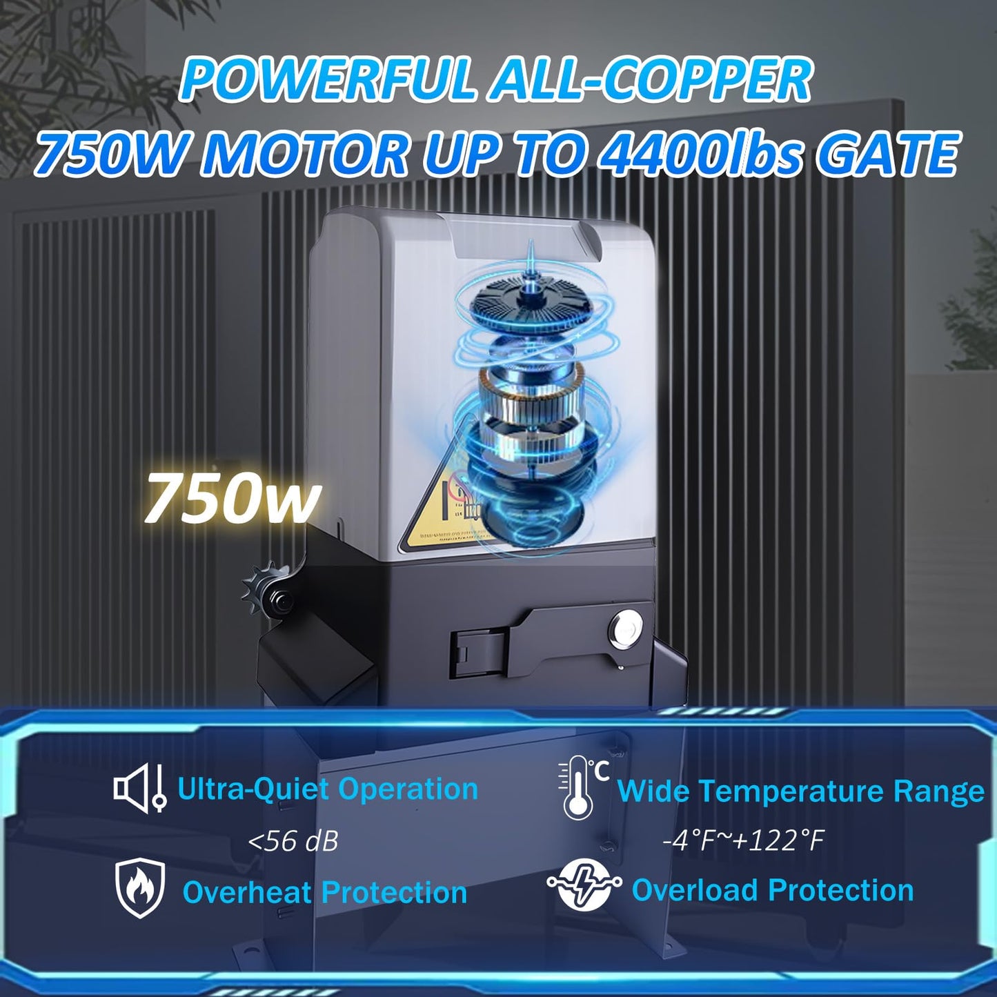 Sliding Gate Opener, 4400lbs Automatic Sliding gate Opener with 4 Remote Control & App Control, 750W Electronic Gate Motor for up to 40ft Sliding Gate with Wireless Keyboard