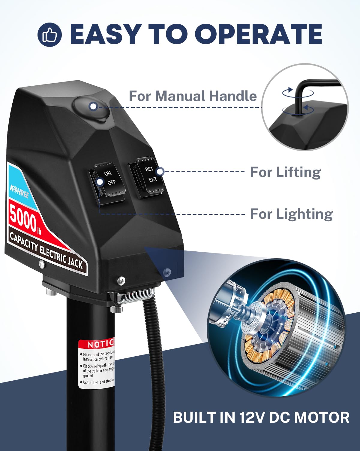 Kohree Electric Trailer Jack 5000 lbs with 7-Way Connector, Heavy Duty RV Electric Tongue Jack for Travel Trailer A-Frame Camper, with Manual Crank Handle & Weatherproof Jack Cover, 22" Lift, 12V DC