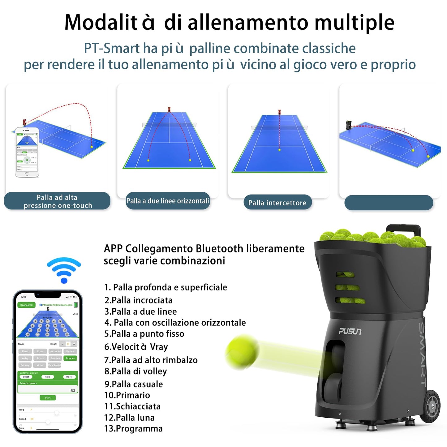PUSUN Smart Tennis Ball Machine PT-Smart - APP Controlled Auto Feed, 12 Training Modes, 100 Ball Capacity, 4-6Hr Battery Life, Suitable for All Level Players(White)