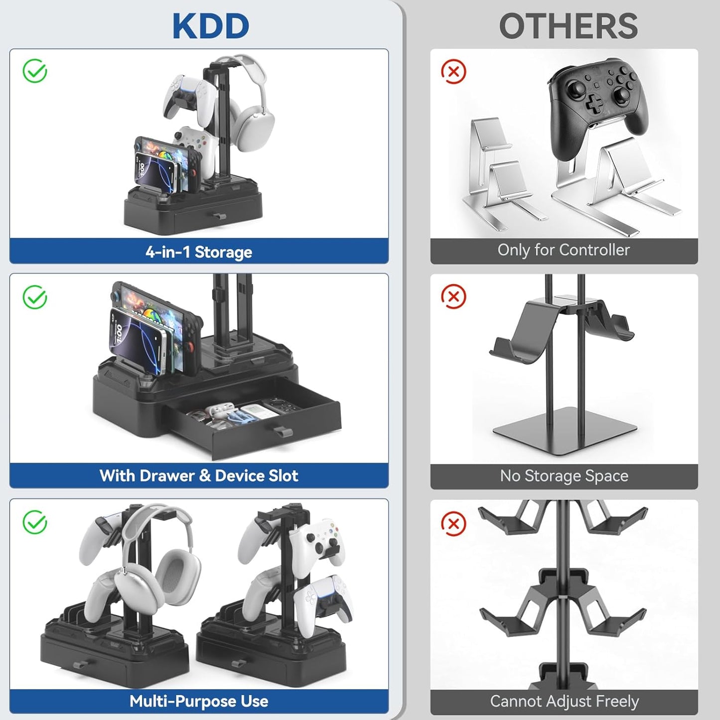 KDD Headset Headphone Stand with Drawer - Rotatable & Detachable Controller Holder for Desk - Multifunctional Organizer
