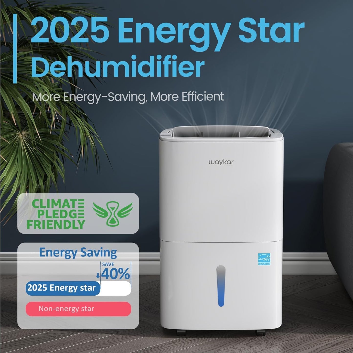 Waykar 5,500 Sq. Ft. 80 Pints 2025 Energy Star Dehumidifier for Home and Basement with Auto or Manual Drainage, Ideal for Large Rooms, Portable, Auto Defrost and Self-Drying