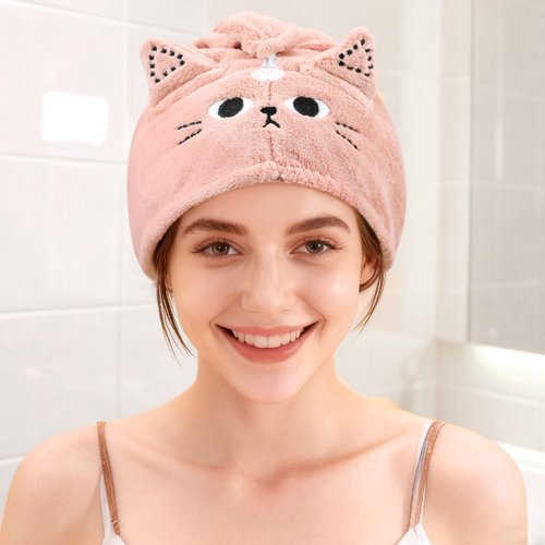 KIGOTWIN 2Pack Microfiber Hair Towel Wrap for Kids, Cute Cat Absorbent Hair Drying Turbans Head Towels for Women Girls (Pink and Gray cat)