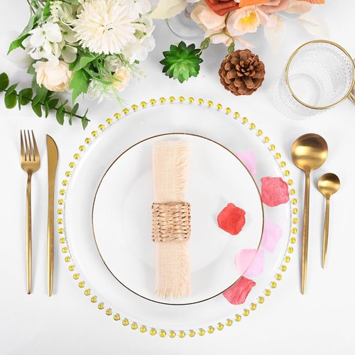 fani 24 Pack Clear Charger Plates Bulk 13 Inch Plastic Round Dinner Chargers with Beaded Rim, Acrylic Decorative Service Plates for Wedding Party Event, Home and Tabletop Decor (Gold)