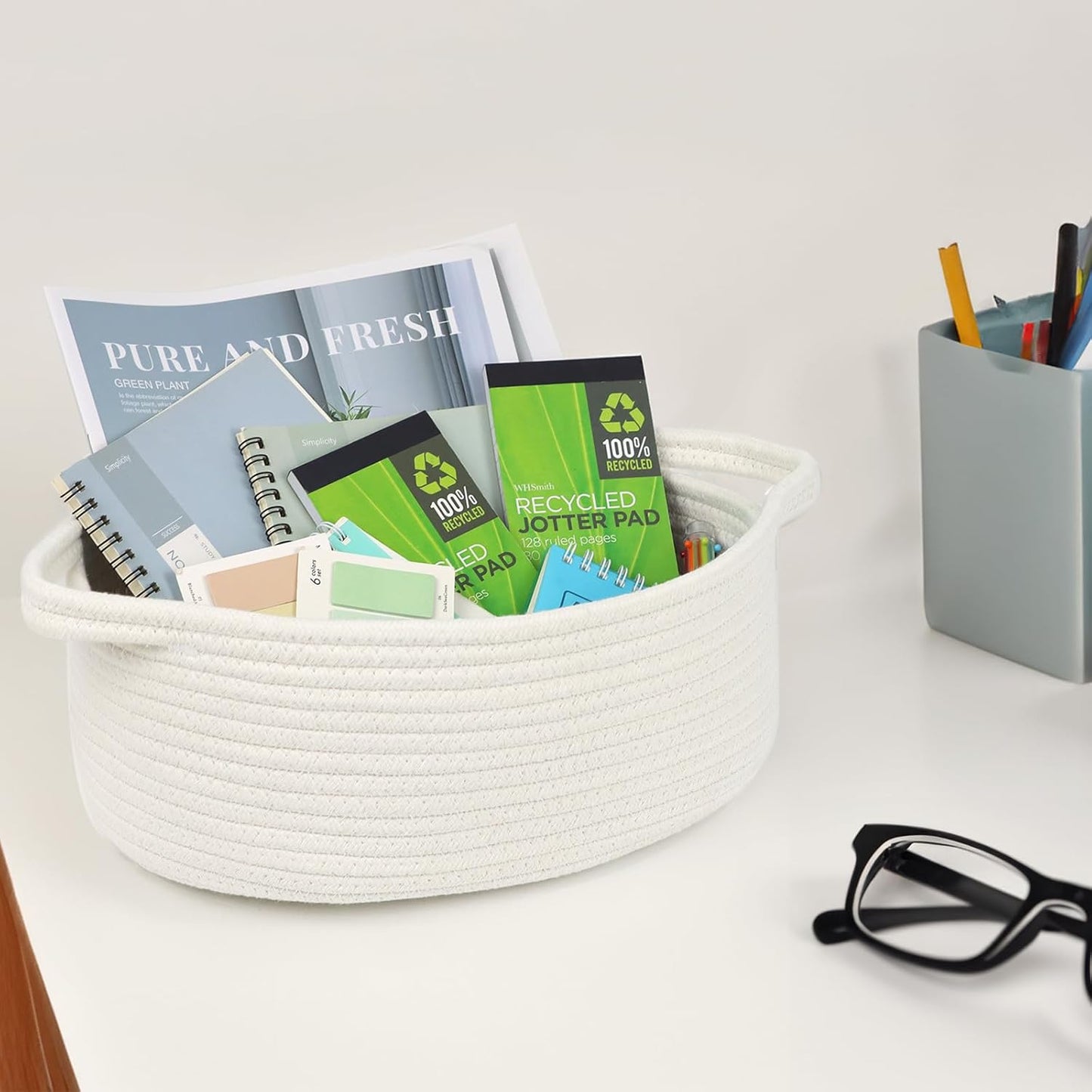 Skiennix Woven Storage Basket - Cotton Rope Boho Organizer with Handle | Small Decorative Toy Bin for Nursery