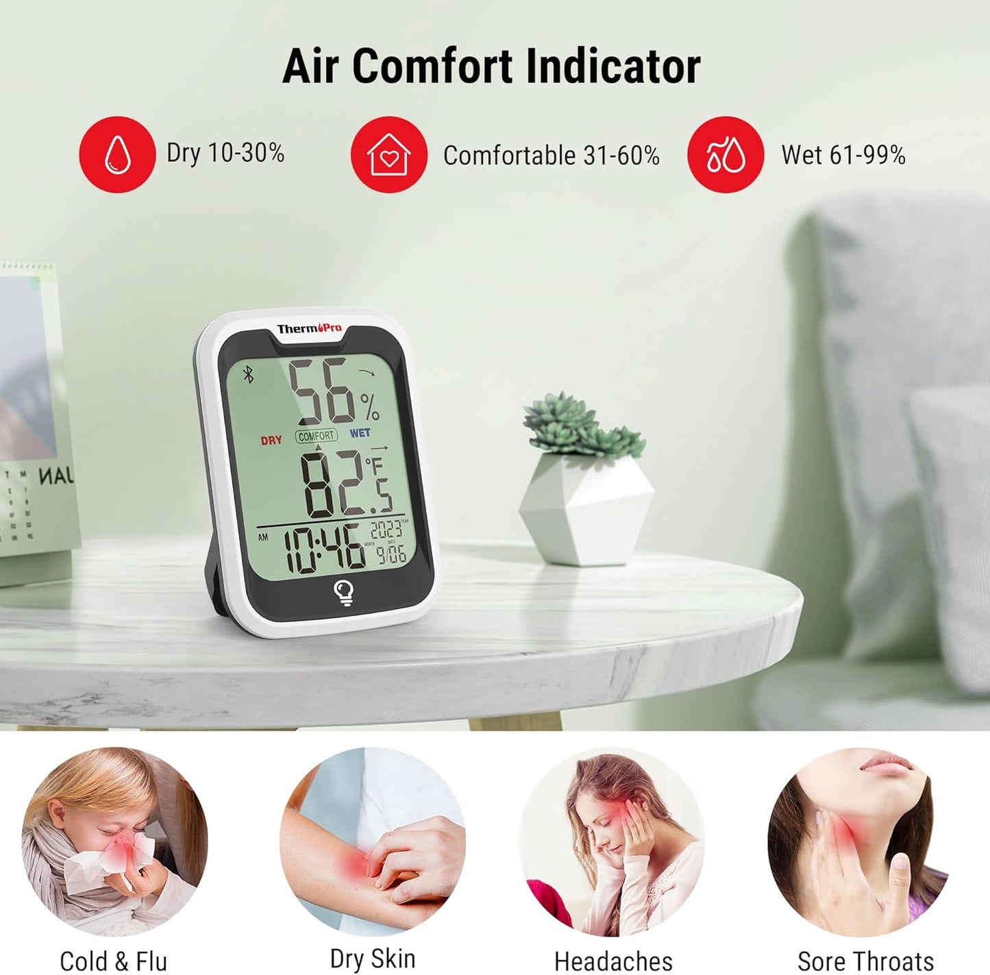 ThermoPro TP358 Bluetooth Thermometer - Smart Temperature & Humidity Sensor with Clock | 260Ft Range