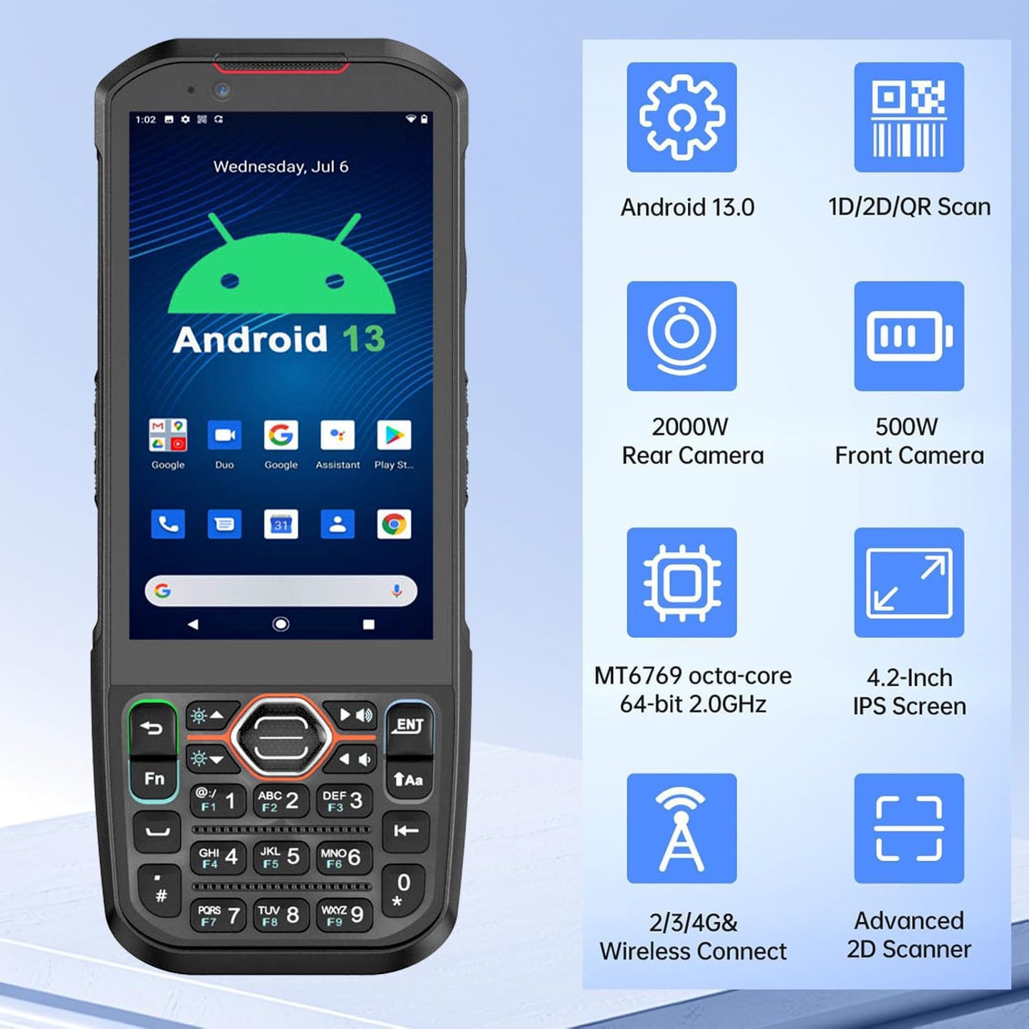 RUGLINE 2025 Android13 PDA, 6GB+64GB Barcode Scanner with Keypad, Equip with 1D 2D QR Code Scanner, Support hot-swappable, BT, WiFi, 4G LTE, NFC, 8-Core CPU Inventory Barcode Data Collector